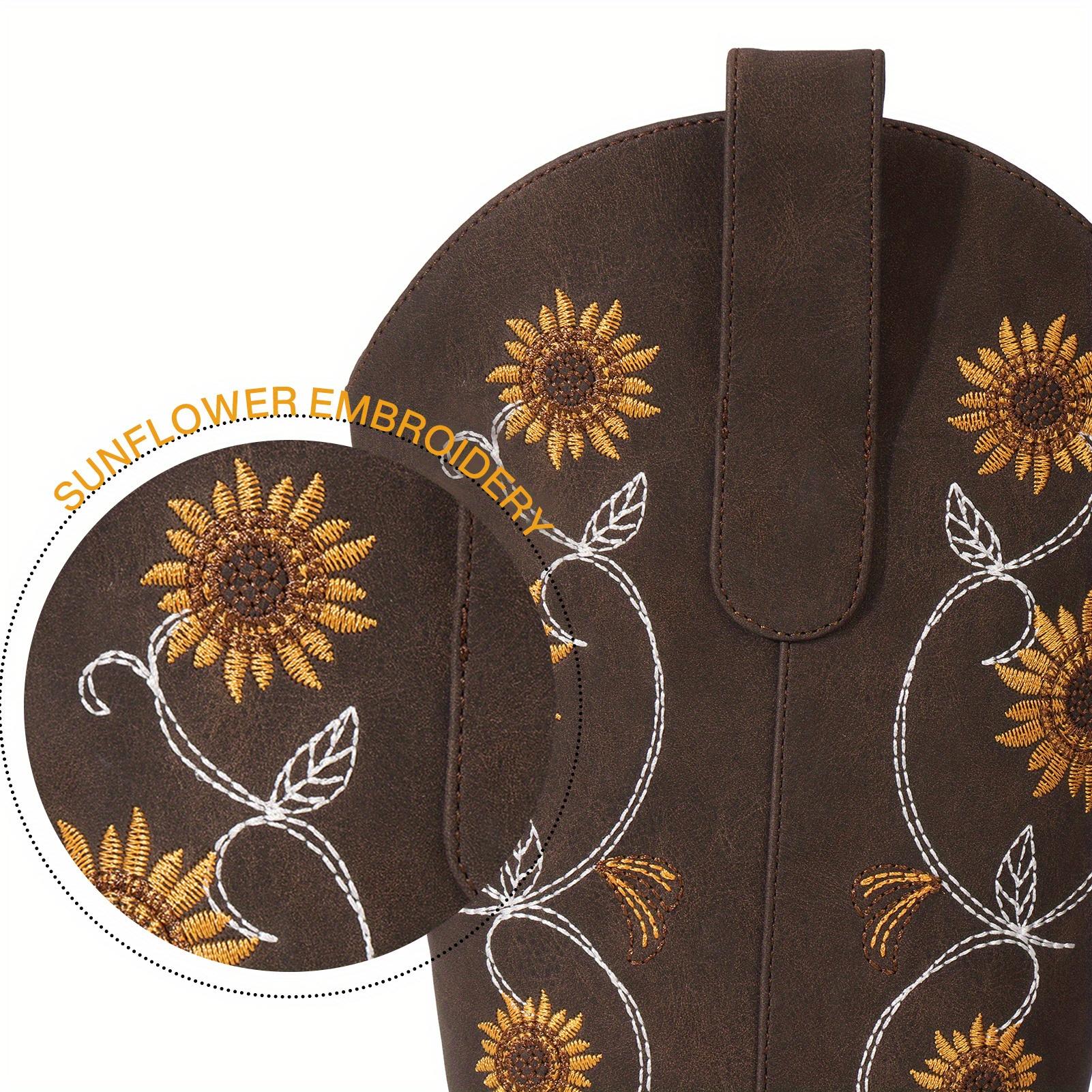 Women's Mid-Calf Western Cowboy Boots with Sunflower Embroidery, Square Toe Pull-On Design, Brown Faux Cover Retro Country Style Boots for Concerts, Idyllic Outings & Casual Wear, Outdoor Adventure Boots |         Retro Cowboy Boots |         Rubber Sole