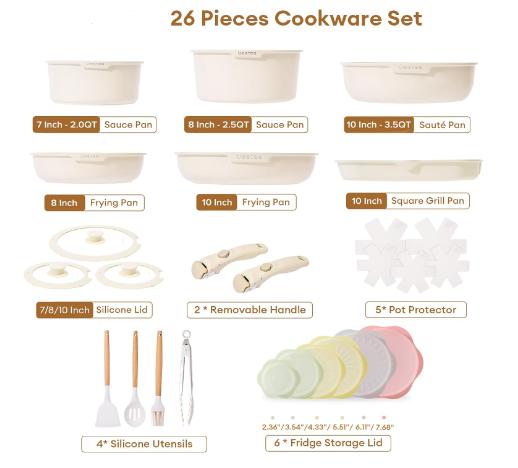 26pcs Pots and Pans Cookware Set with Removable Handle, Induction Cooking Sets with Detachable Handle, RV Camping Stackable Pots Pans, Oven Safe, PFOA Free, Beige