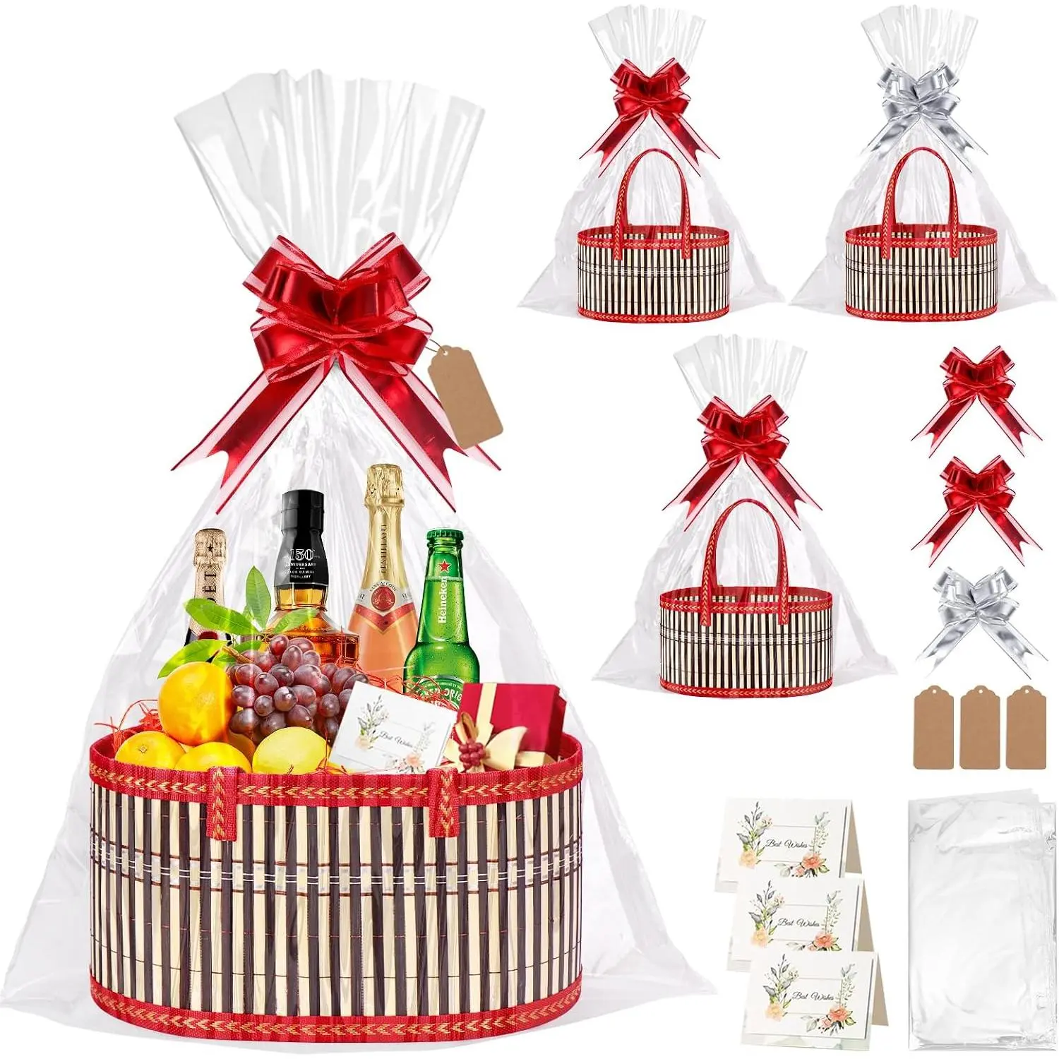 3 Set Baskets for Gifts Empty, Woven   Basket Empty Large with Handles, Sturdy  Basket Kit Empty to Fill for Christmas Birthday  Shower Wedding  (Red)