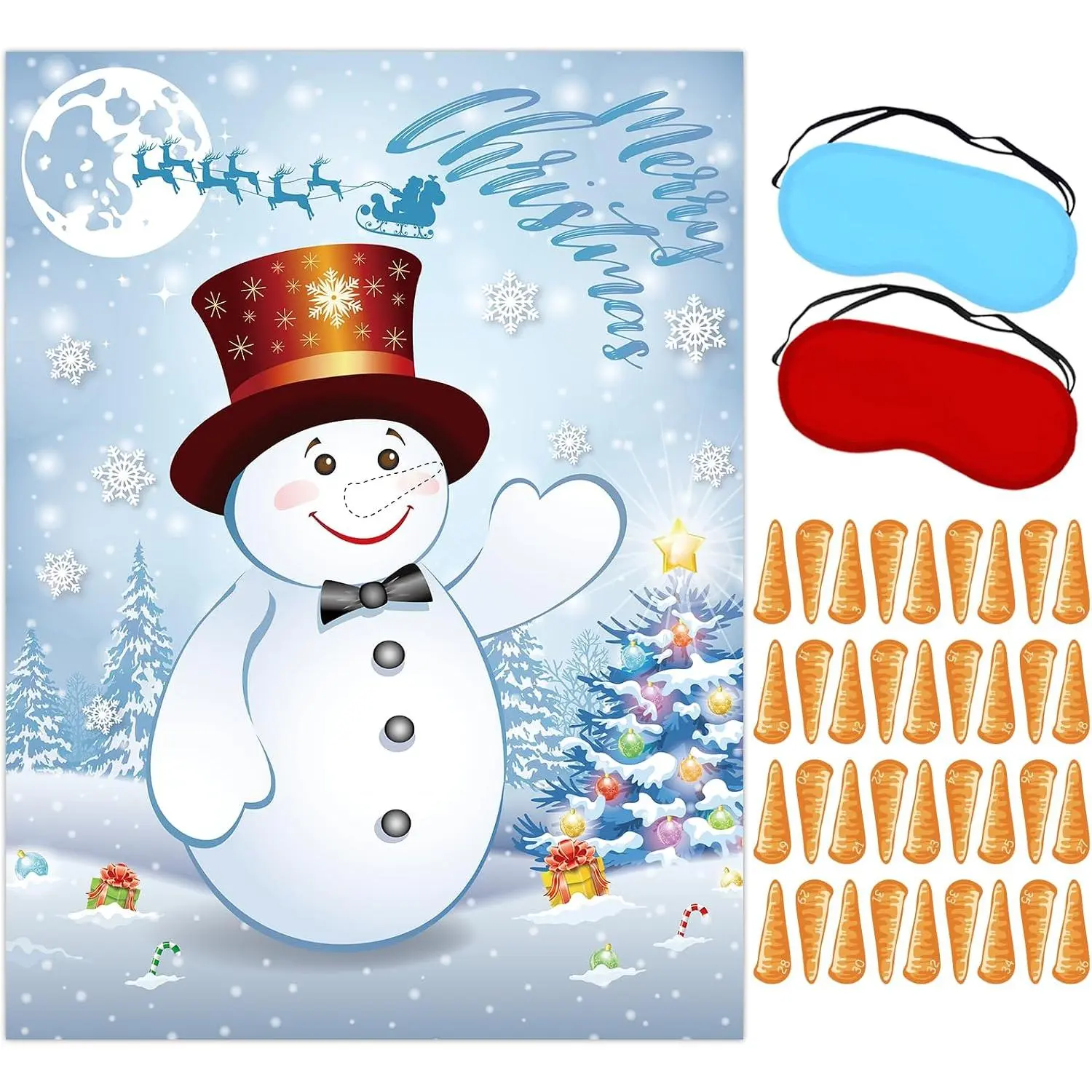 Pin The Nose  The Snowman Christmas Party , Christmas Party Decorations Include Large Poster with Blindfold 36 count Nose Stickers for Xmas Activities Holiday Party Supplies
