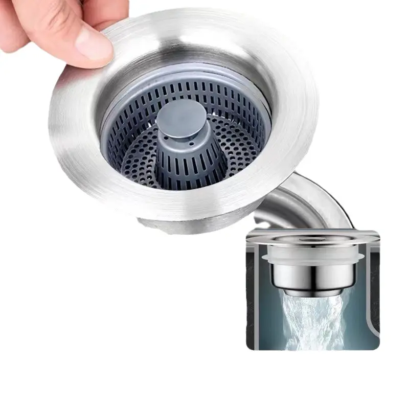 3 In 1 Stainless Steel Kitchen Sink Drain Assembly With Pop Up Stopper & Anti-Clog Filter Basket, 3-Layer Sealed Detachable Drain Plug Fit Standard 3-1/2 Inch Sink Opening, Brushed Nickel Finish Household Sink Replacement Accessory
