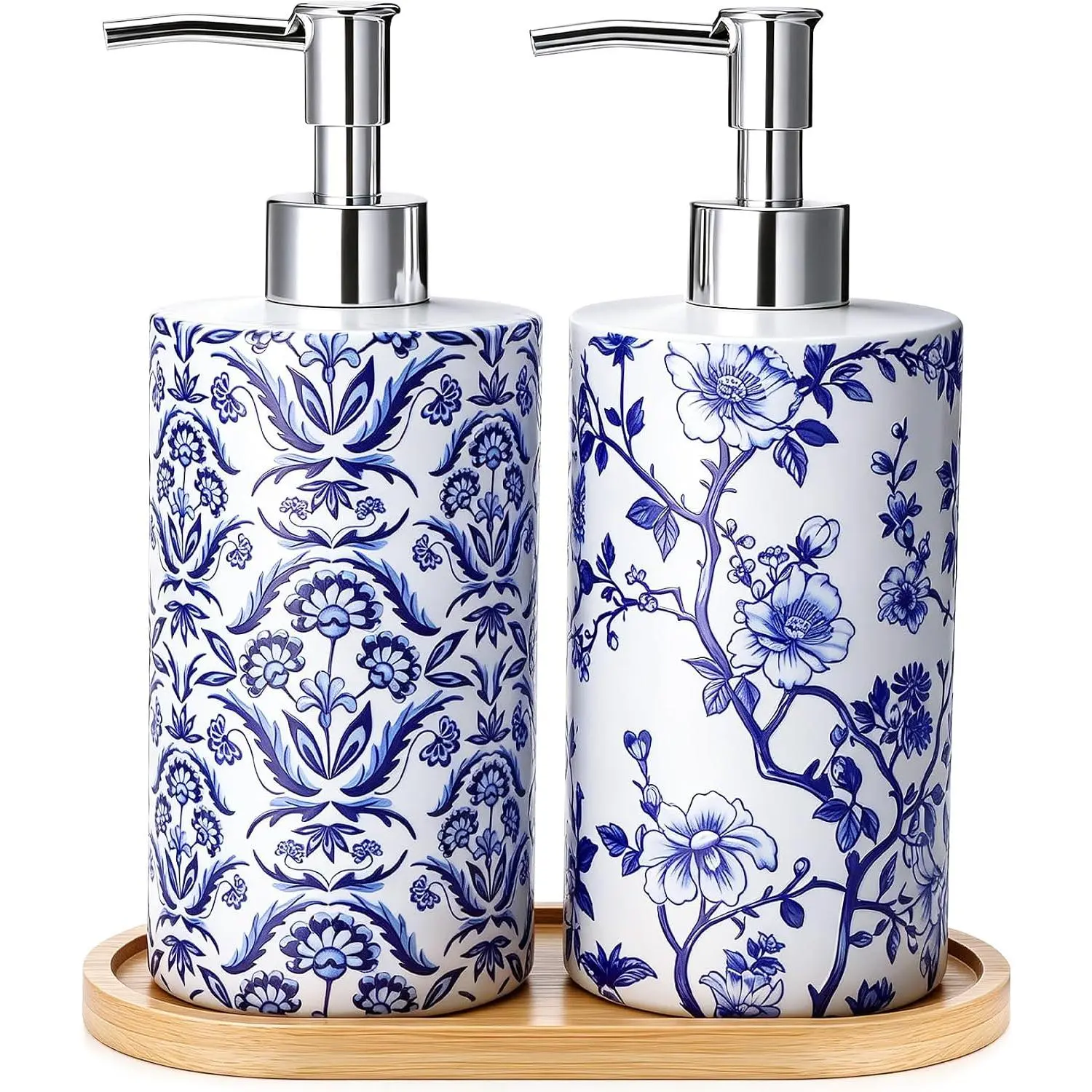 Chinoiserie Floral Soap Dispenser Set, 2 Pack Blue and White Floral Glass Soap Dispensers with Wooden Tray, Refillable Decorative Pump Bottles for Bathroom Kitchen Countertop Decor