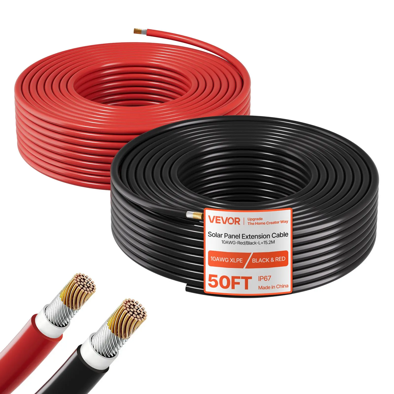 VEVOR 10 AWG (6 mm) Solar Panel Extension Cable Kit, 50 ft Black + 50 ft Red Tinned Copper Extension Cord, IP67 Rated for Outdoor Off-Grid Photovoltaic Systems, Ideal for Solar Users