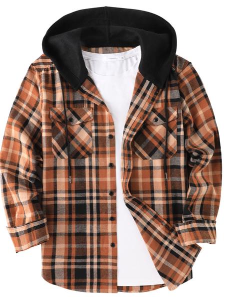 Men's Flannel Hoodie Long Sleeve Fashion Plaid Hooded Shirt Button Neckline with Pockets, Casual Winter Wear for Men