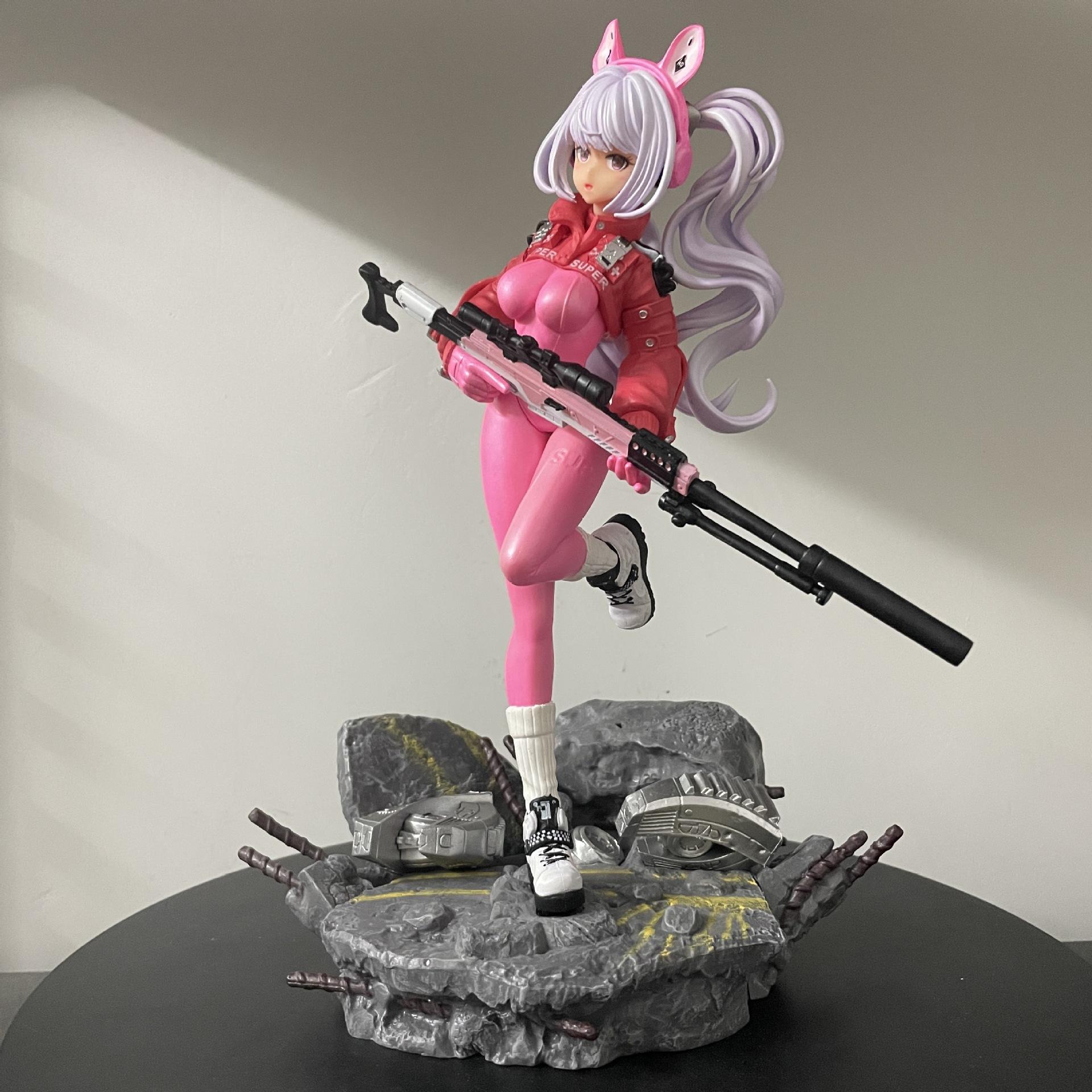 Cute Anime Girl Action Figure with Gun Pose and Display Base - Pink Outfit Bunny Style Statue