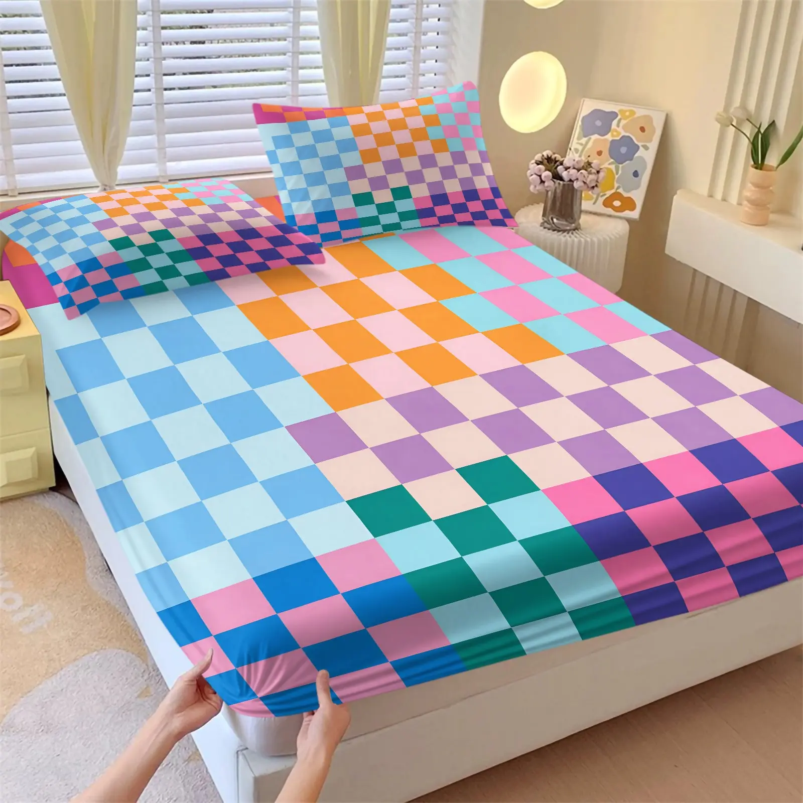 Colorful Checkerboard Fitted Sheet Set, 1 Fitted Sheet & 2 Pillowcase No Filling, Trendy Check Pattern  Bedding Set, Cute Aesthetic Bed Sheets Set, For Kids Teens Girls Bedroom Decor