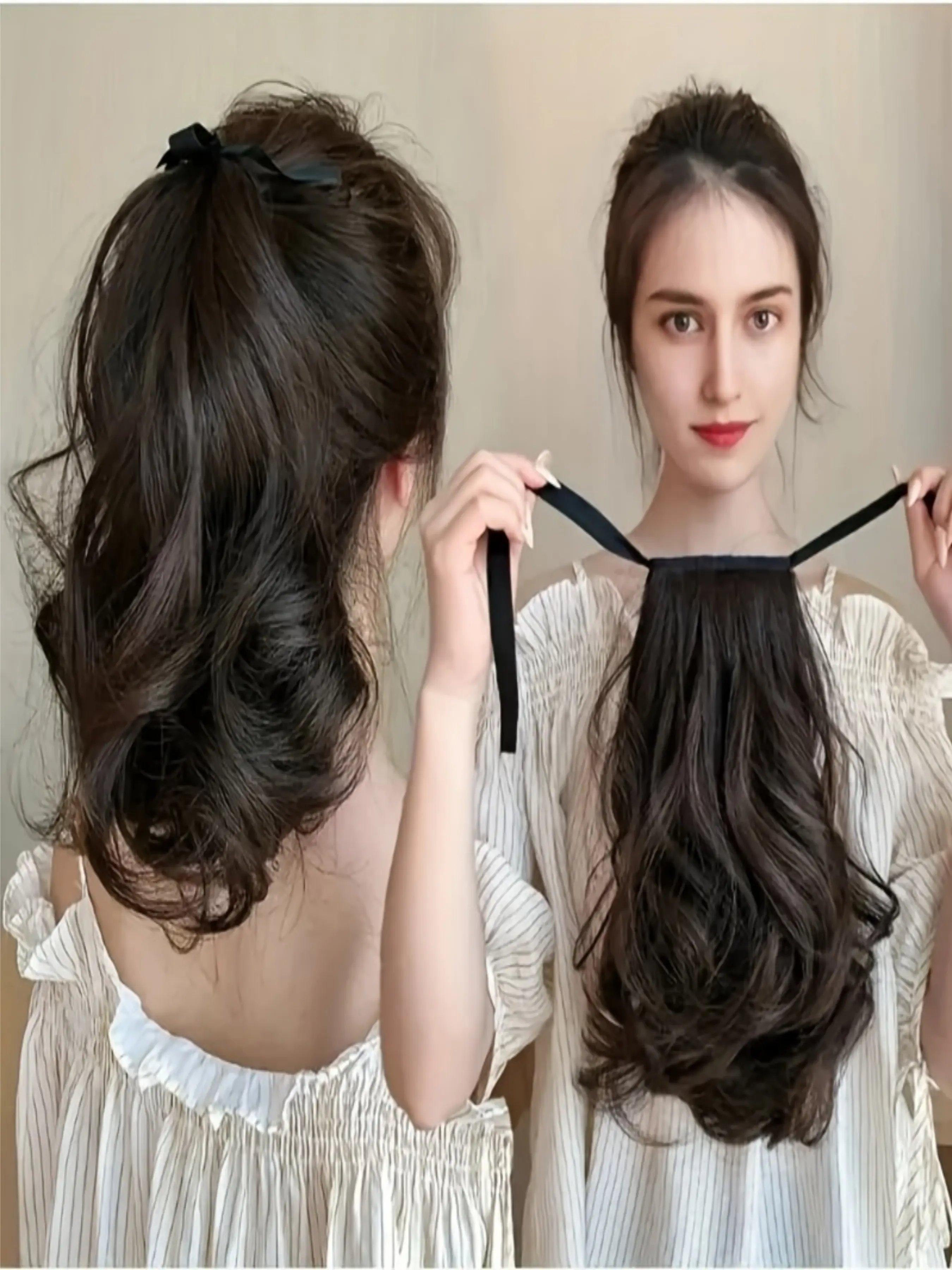 1Pcs Ribbon Strap Ponytail Hair Extensions 10 Inch Short Wavy Curly Bob Pony Korean Gentle Fluffy Style Black Bow Tie Design Tangle Free Heat Resistant Synthetic Hair For Women Halloween Thanksgiving Christmas New Year Wedding Party Cosplay