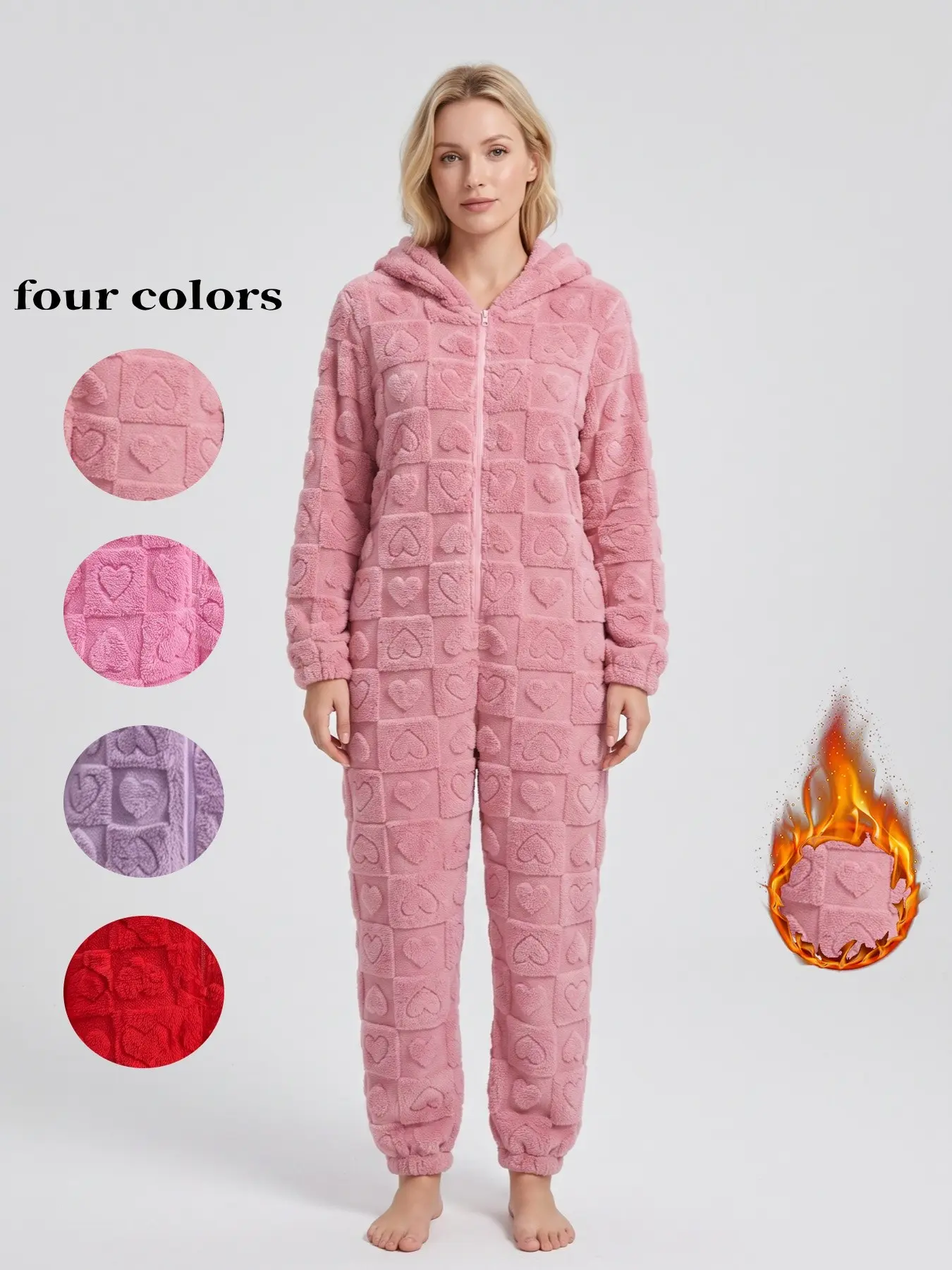 Women's Cute Plaid Heart Pattern Fleece One-Piece Pajama Set, Hooded Ears Front Zipper Thickened Sleepwear, Fall & Winter Comfortable Home