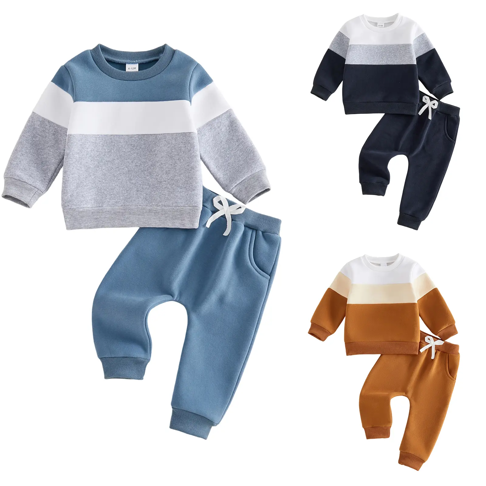 Toddler Boy Fall Winter Clohtes Outfits Color Block Long Sleeve Crew Neck Sweatshirt Jogger Pants with Drawstring Clothing Set 3 6 18 24Months 2T 3T