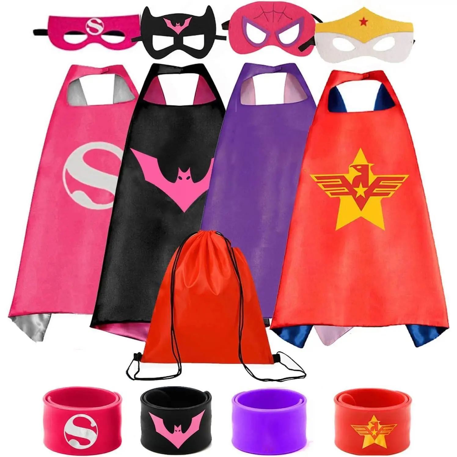 KF5-59 Kids Superhero Capes Set with Wristbands, Halloween Christmas Cosplay Dress Up Costume for Boys Girls