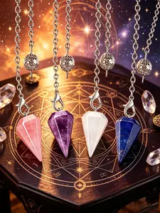 4pcs Natural crystal and natural stone hexagonal pointed cone pendulum pendant amulet, energy chakra balance pocket protective crystal stone, used for spiritual divination, meditation, contains amethyst, rose quartz, white crystal, lapis lazuli