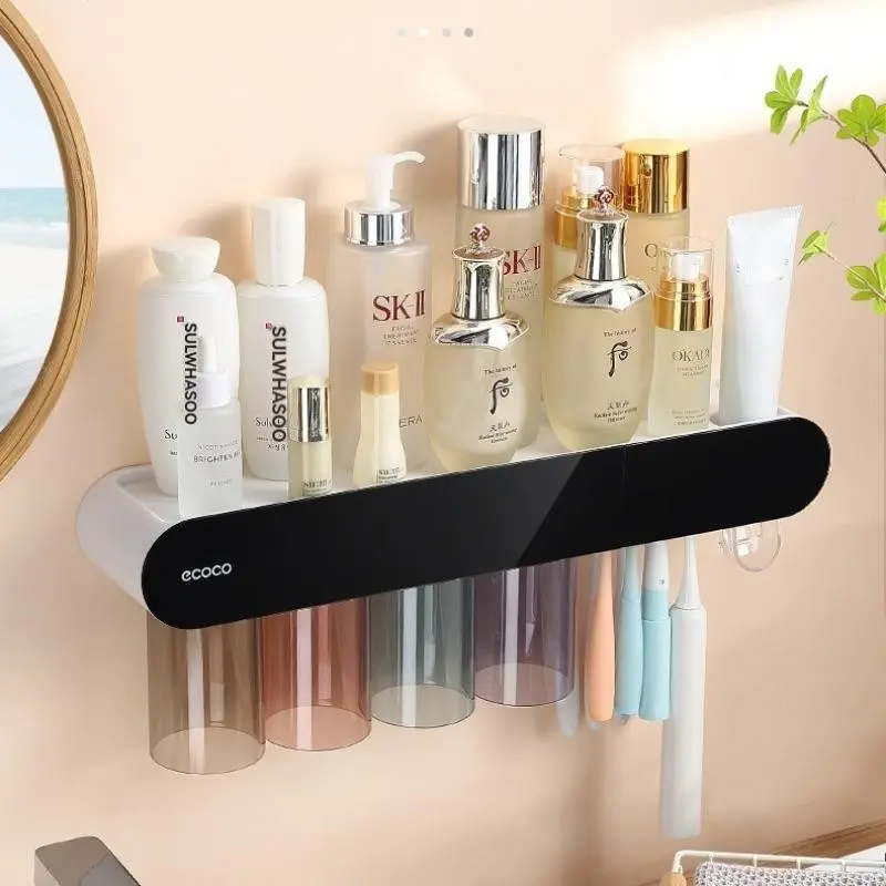 Wall-Mounted Toothpaste Dispenser with Brush Holder, Space-Saving Bathroom Rack, Includes 4 Magnetic Cups, Ideal Bathroom Organizer
