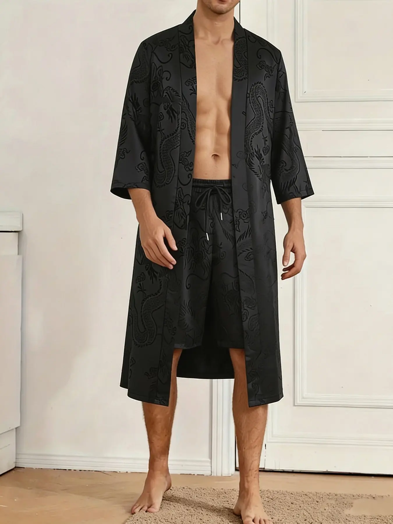 Men 2-Piece Loungewear Outfit, Black Embossed Dragon Pattern Kimono Tie Bathrobe & Drawstring Elastic Waist Shorts, Silky Cool Breathable Home Pajama Set for Daily Rest & Bath Use