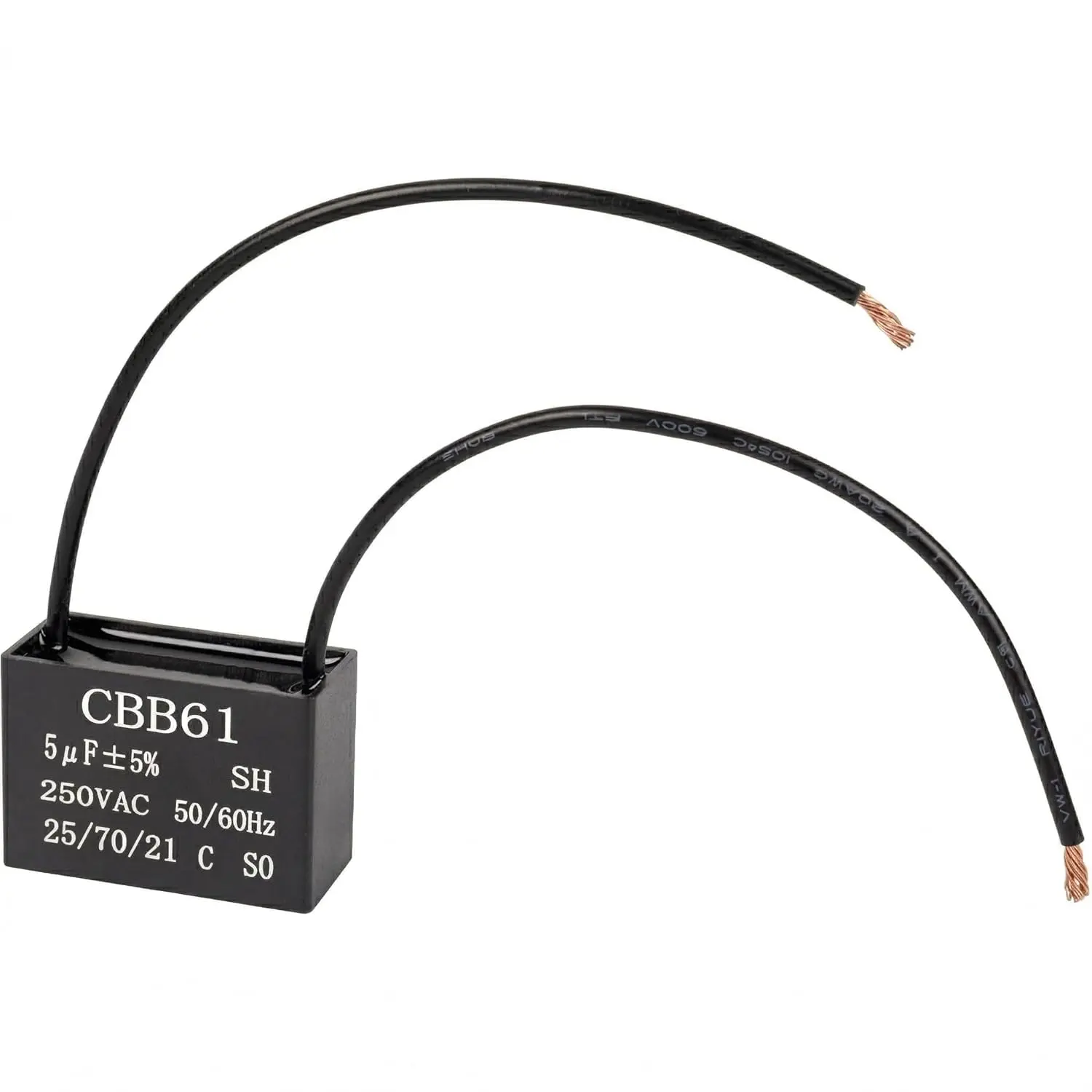 CBB61-5 Ceiling Fan Capacitor, 2 Wire, 5uf, 250VAC Compatible, 50/60Hz, 1 Pack