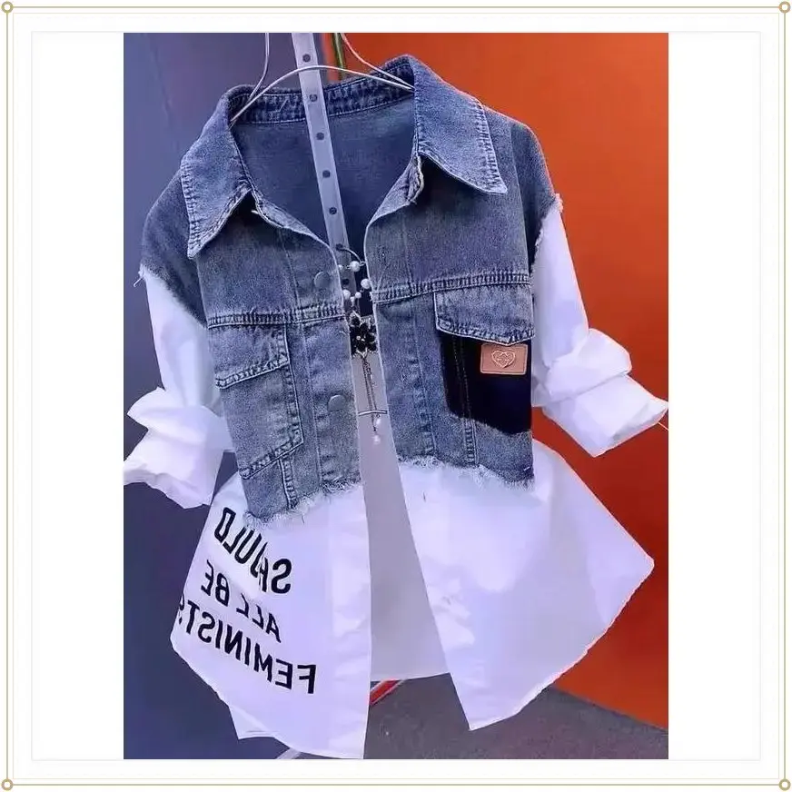 Patchwork denim jacket with lapel, stylish denim shirt, casual denim jacket, trench coat, everyday skirt, winter wear, lightweight heart knot long sleeves, half zip pullover. puffer jacket winter clothes women