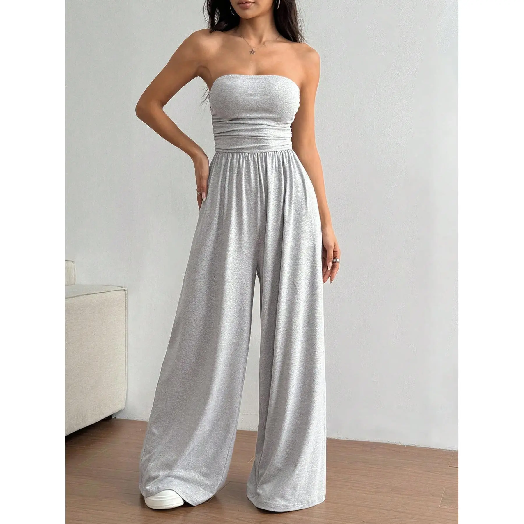 Slim Strapless Bandeau Ruched Torso High Waist Floor-Length Wide Leg Jumpsuit