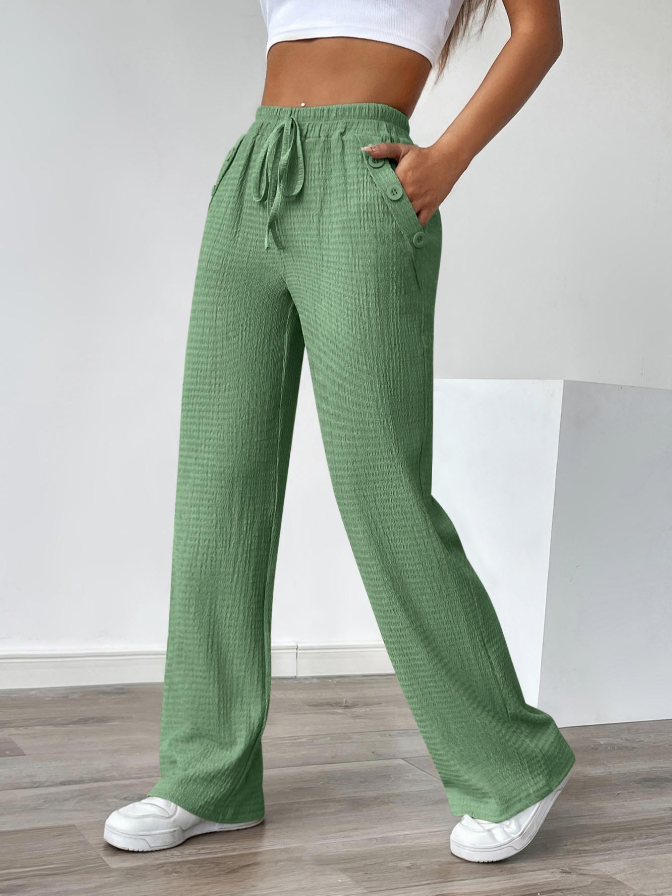 Women's Autumn Casual Faux Drawstring Texture Pocket Pants, Comfortable Fit Long Trousers for Daily Wear, Stylish Ladies' Fashion Apparel, Womenswear, Bottoms