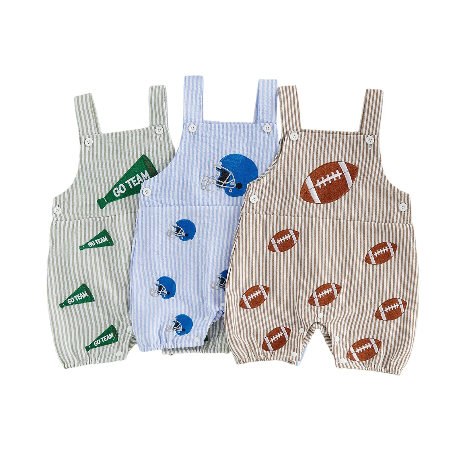 Infant Baby Boy Stripe Romper Overalls Football Embroidery Sleeveless Square Neck Jumpsuit 0-18 Months