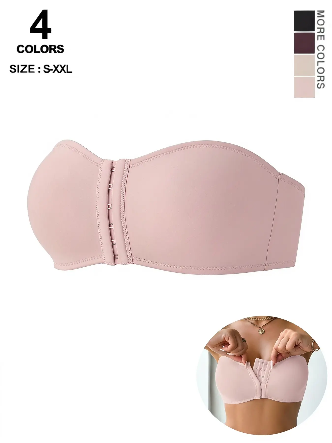 Women's All-Season Bralette, Front Buckle Push-Up Strapless Bra, Medium Support, Lined, Fitted, Casual, Perfect for Summer