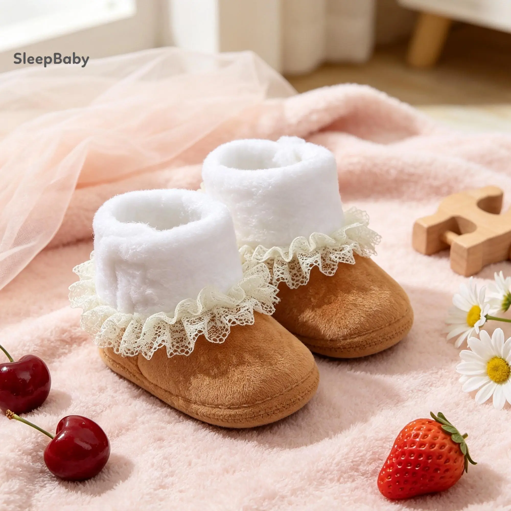 Baby Girls First Walker Shoes Winter Plush Boots Lace Ruffle Trim Fleece Lining Non‑Slip Soft Sole Cute Princess Pre‑Walker Crib Shoes Multiple Colors