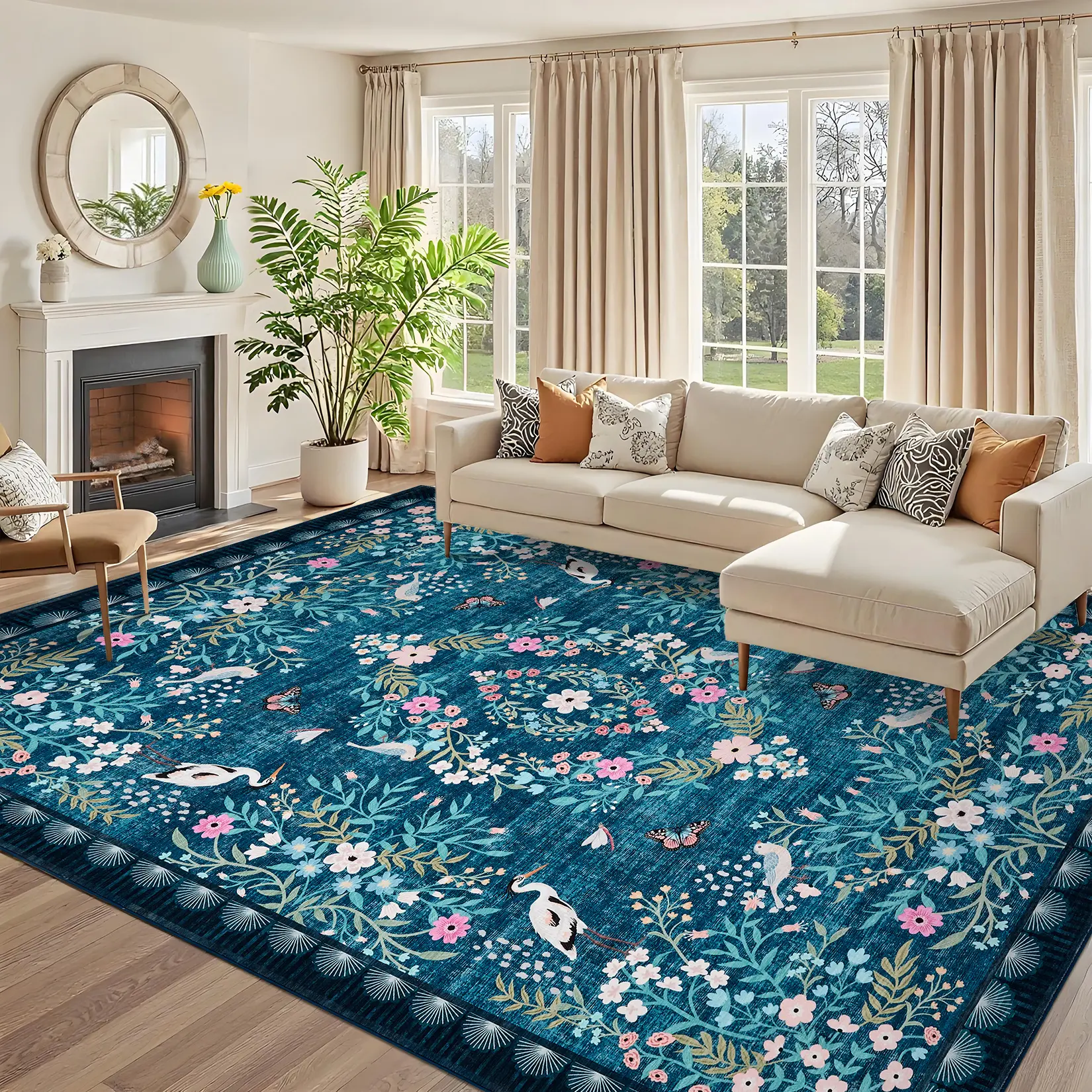 Washable Oriental Floral Area Rug for Living Room, Vintage Botanical Leaf Wildlife Low Pile Carpet, Stain Resistant Non Shed Indoor Floor Mat, Easy Clean Artistic Rug for Bedroom Farmhouse Boho Decor