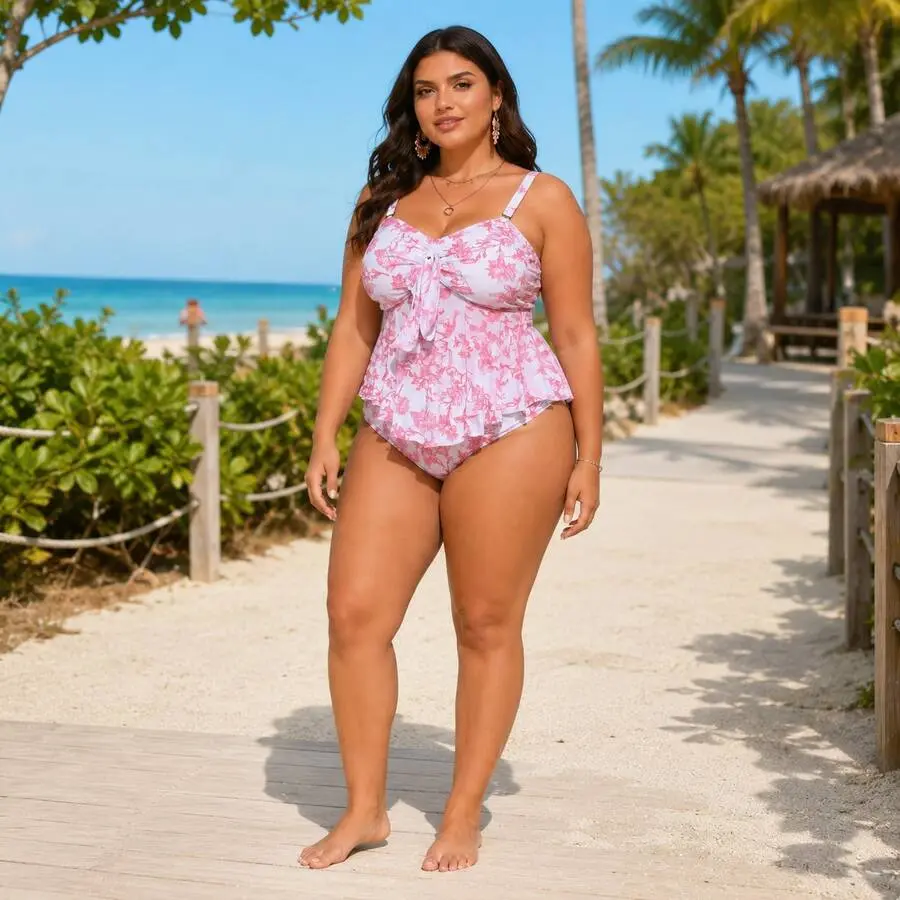Plus Size Pink Floral Tankini Swimwear Set Women Ruffle Peplum Two Piece Bathing Suit Adjustable Straps Beach Vacation Outfit