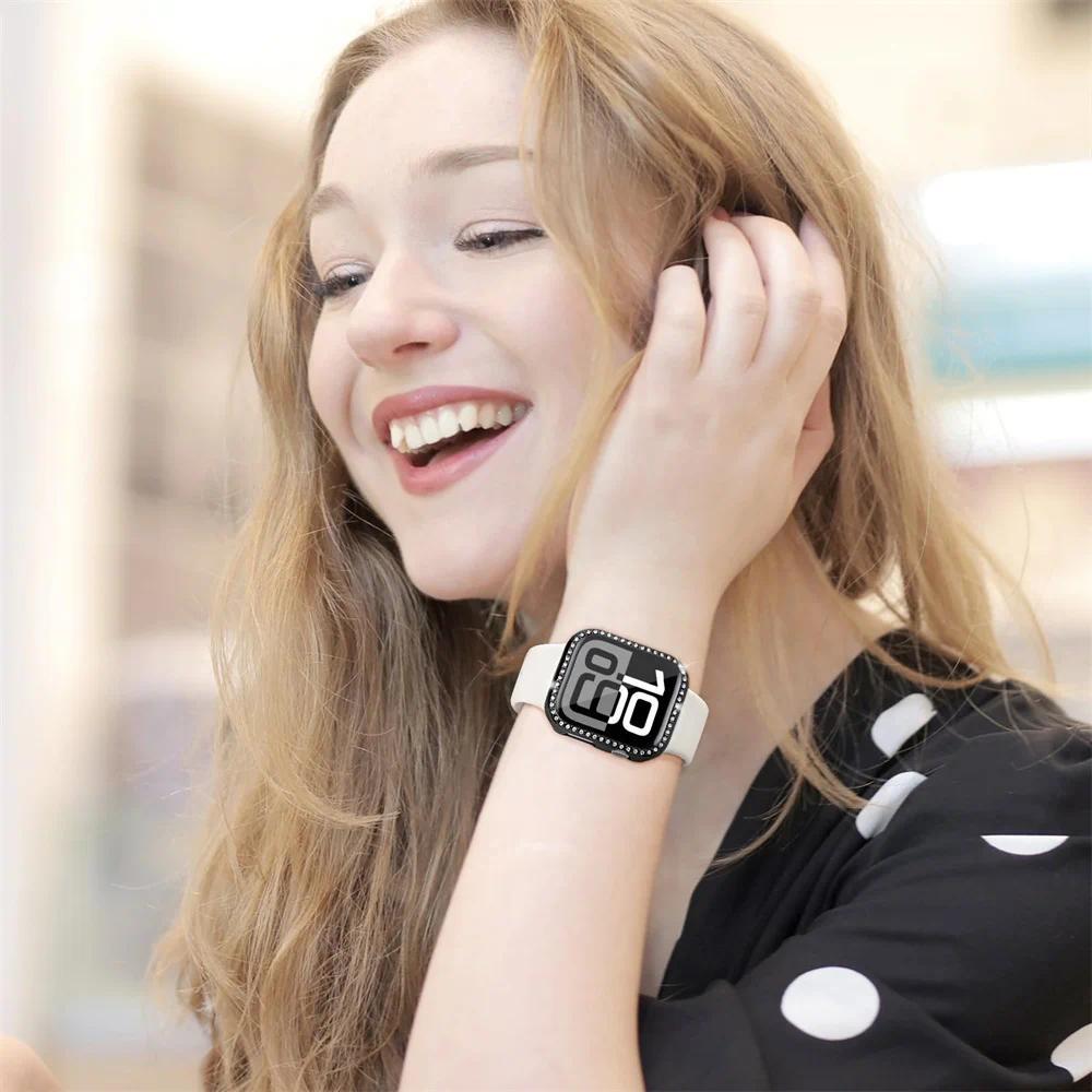 Diamond Case For Apple watch series 10 9 8 7 6 5 4 se 46mm 42mm 44mm-40-41-45mm Glass+Bling Bumper Screen Protector Accessories