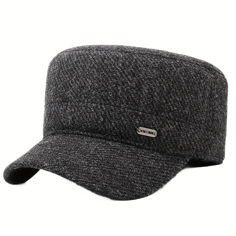 Men's Winter Warm Fleece-Lined Thickened Flat Cap with Ear Flaps - Tweed Style Felt Hat for Elderly & Middle-Aged, Multi-Color Options (Black, Navy, Brown, Grey) - Outdoor & Formal Cold Weather, Christmas/Thanksgiving/Halloween Accessory, Funky & Stylish