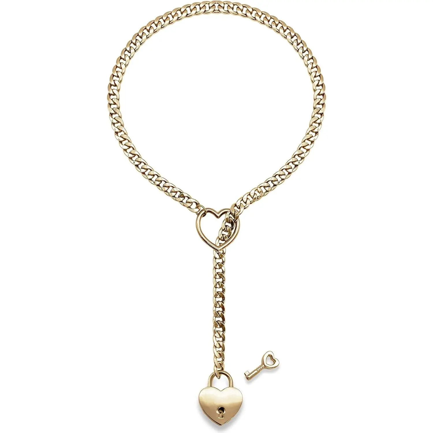 Womens Slip Chain Necklace Heart O-Ring, Punk Rock Cuban Long Necklace  For Women, Adjustable Lariat Y-Necklace Heart Locker With Key