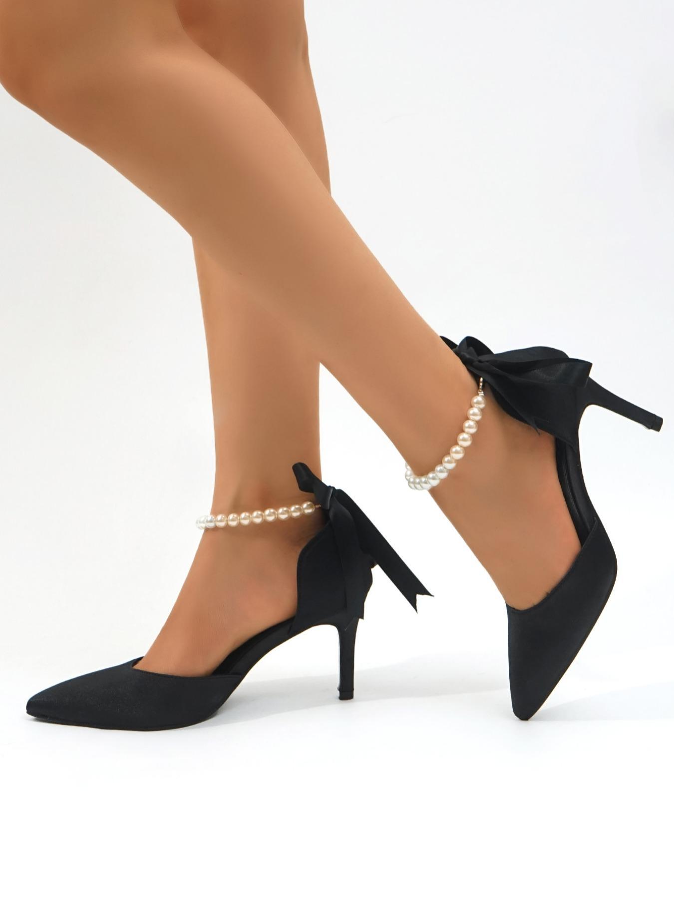 Elegant Pointed Toe Stiletto Heels, Fashion Faux Pearls & Bow Design High Heel Shoes for Party, All-match Stylish Classy Heeled Shoes for Work & Daily Footwear for Girl