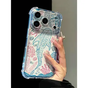 New Design 1pc Minimalist Transparent Phone Case With Sketched Ocean Elements Like Whale, Shark, Seaweed, Jellyfish And Waves, Compatible With IPhone 17 Pro Max, 16, 15, 14, 13, 12, 11