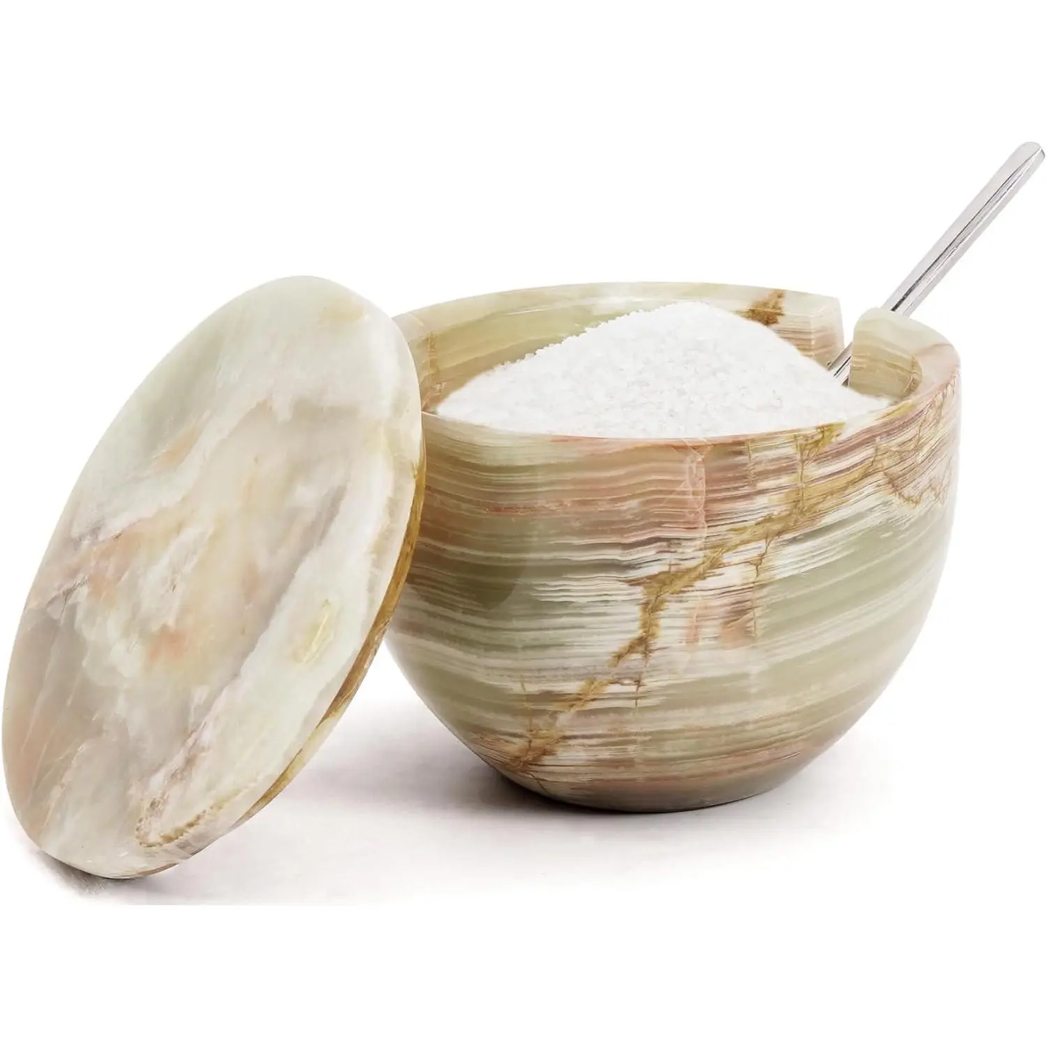 Salt Cellar with Lid and Spoon Green Onyx 4.7 oz Marble Sugar Bowl & Salt dish For Table Decor, Salt Jar & Spice Storage Containers For Kitchen Countertop