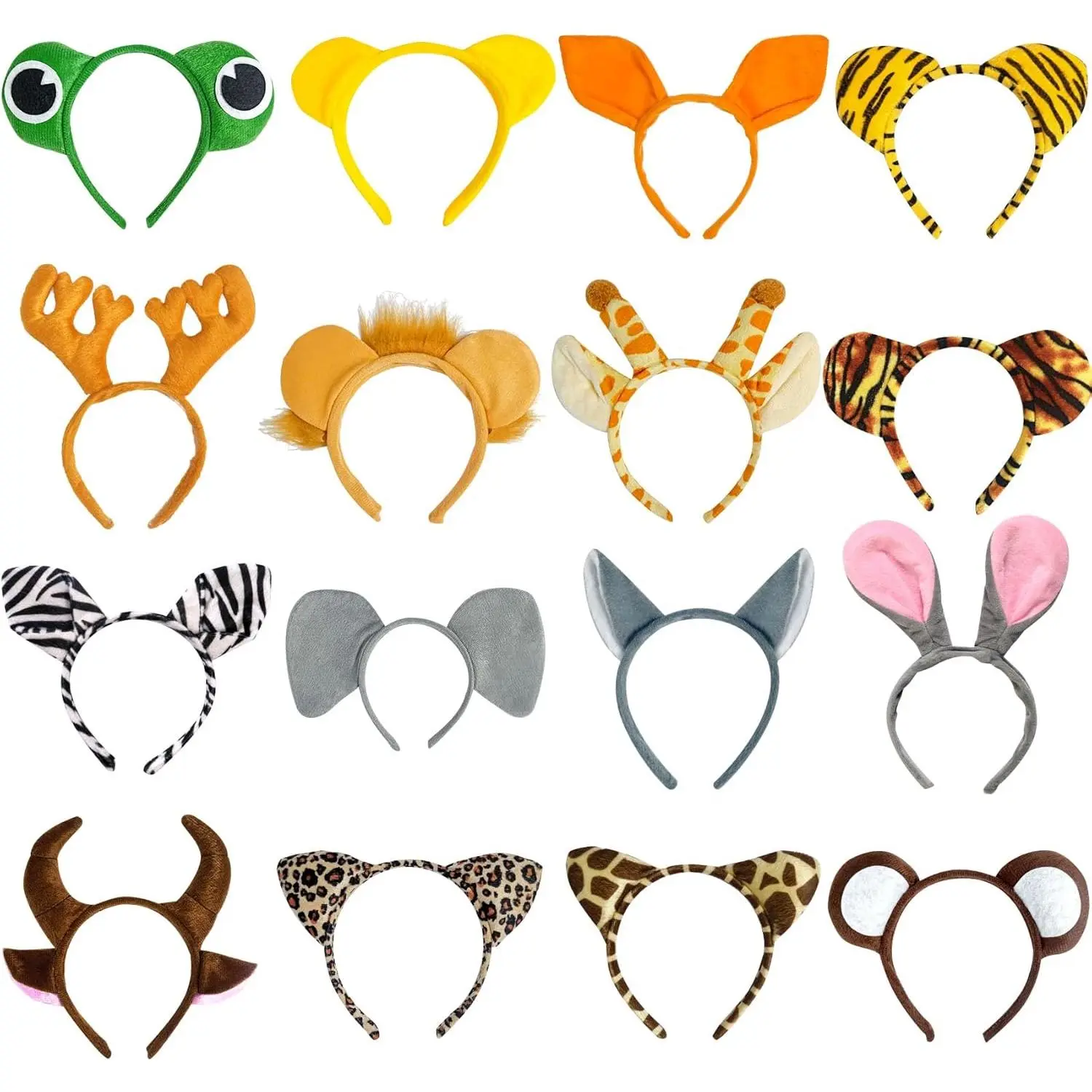 16Pcs Jungle Animal Ears Headbands as Safari Party Favors Wild One Birthday Decorations Plush Animal Headpiece for Kids Adults