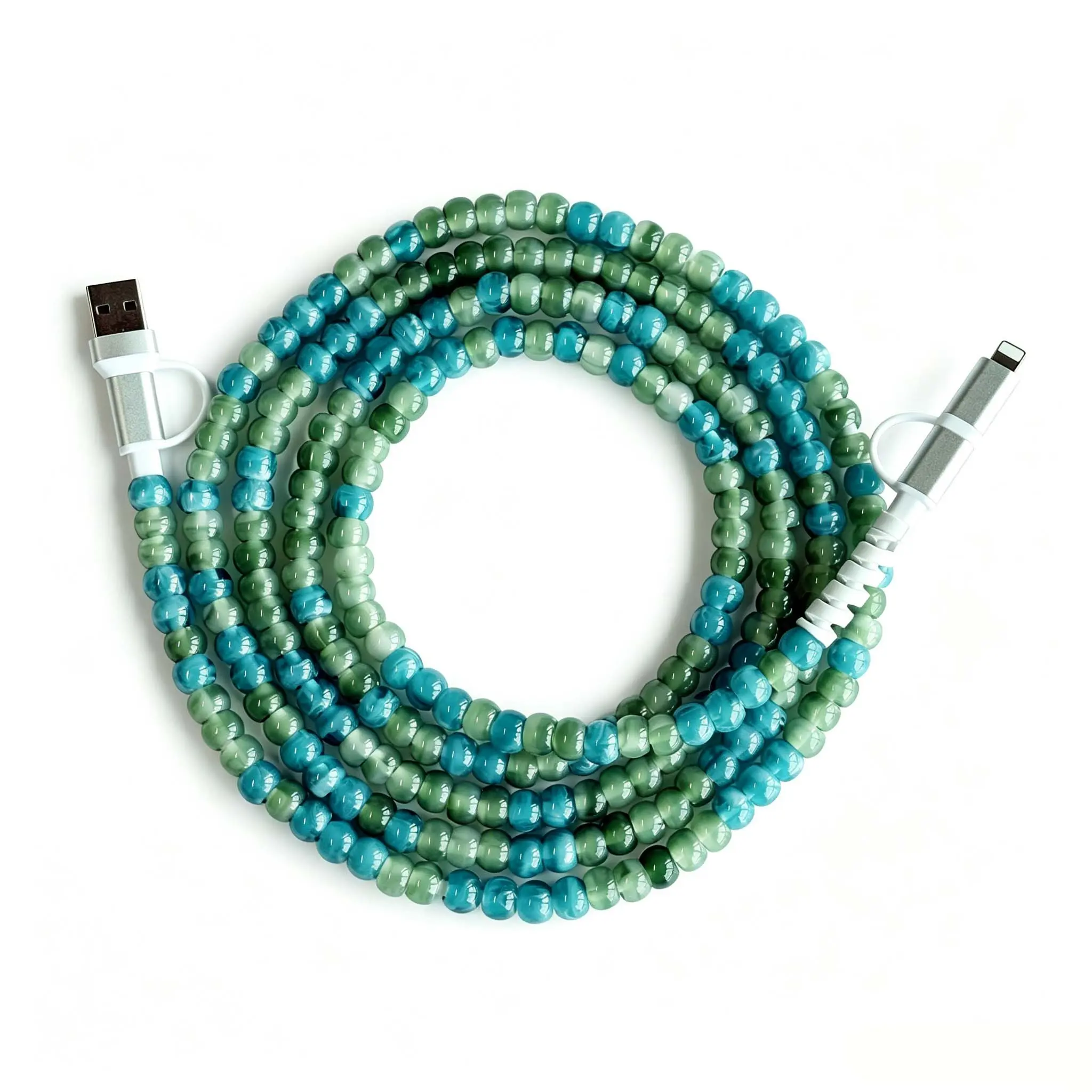 Cute Bead Decorated Quad USB-C & Lightning Fast Charger Data Cable, 5.9 Inch 60w Quick Charge, Ideal for Women, Compatible with All Devices
