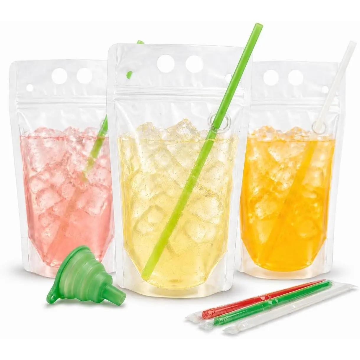 100PCS Drink Pouches with Side Straw Port, Resealable Drink Bag Set with Straws & Funnel, 17oz Clear Beverage Pouches for Juice, Smoothies, Cocktails & Slushies