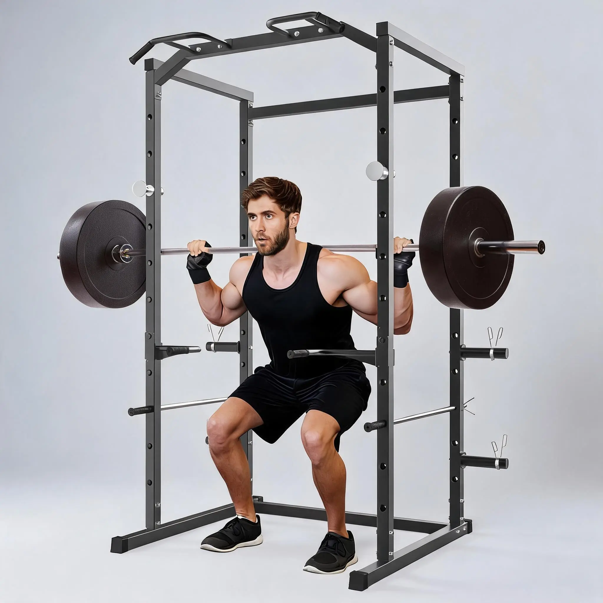 Heavy Duty Power Cage Squat Rack for Home Gym, 1100LB Capacity Power Rack with Pull-Up Bar, Dip Bars, & Adjustable Safety Bars, Weight Workout Machine