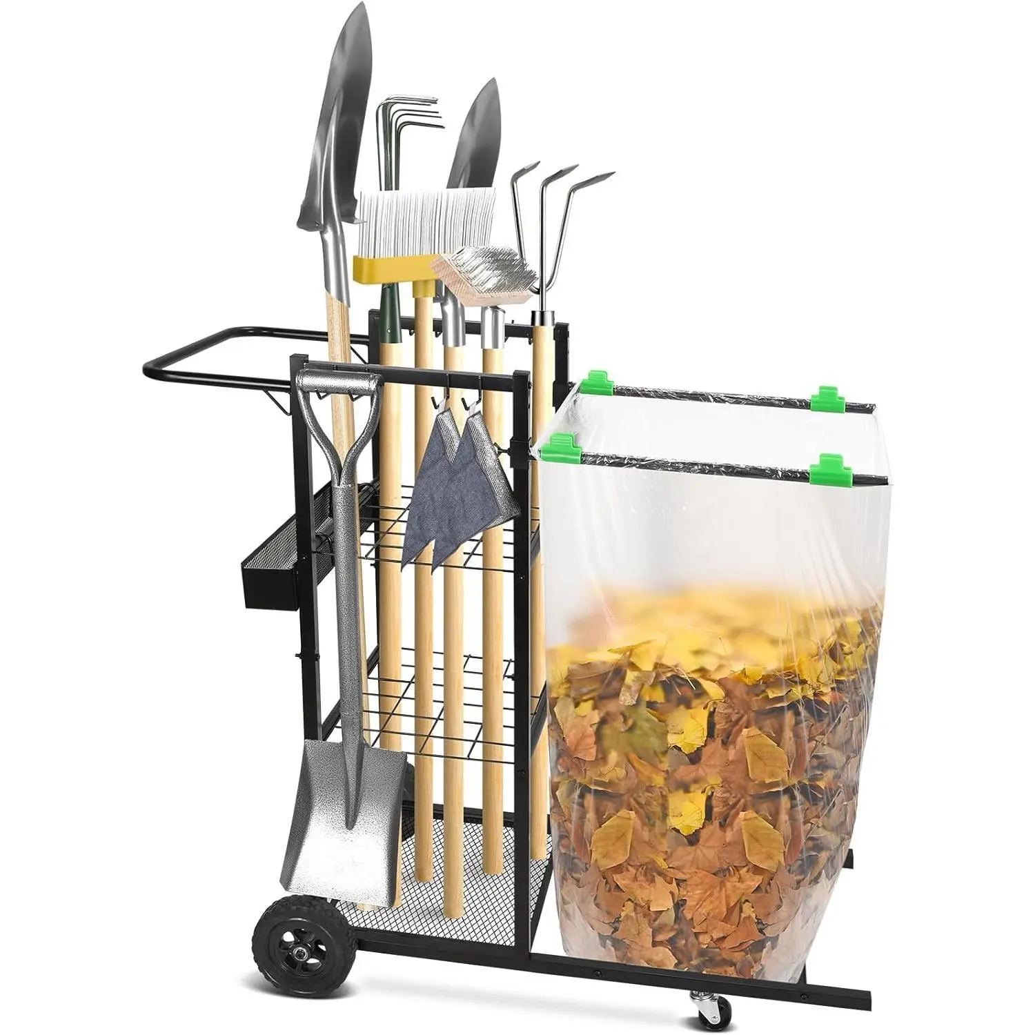 Mobile Trash Bag Holder and Tools Organizer Cart 2-in-1, Metal Cleaning Carts on 360° Wheels, Convenient Leaf Bag Holder Cleaning Cart for Leaves, Snow, Indoor-to-Outdoor Maintenance