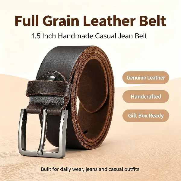 Men's Full Grain Genuine Leather Belt - 1.5 in Handmade Casual Jean Belt with Luxury Gift Box for Daily Wear