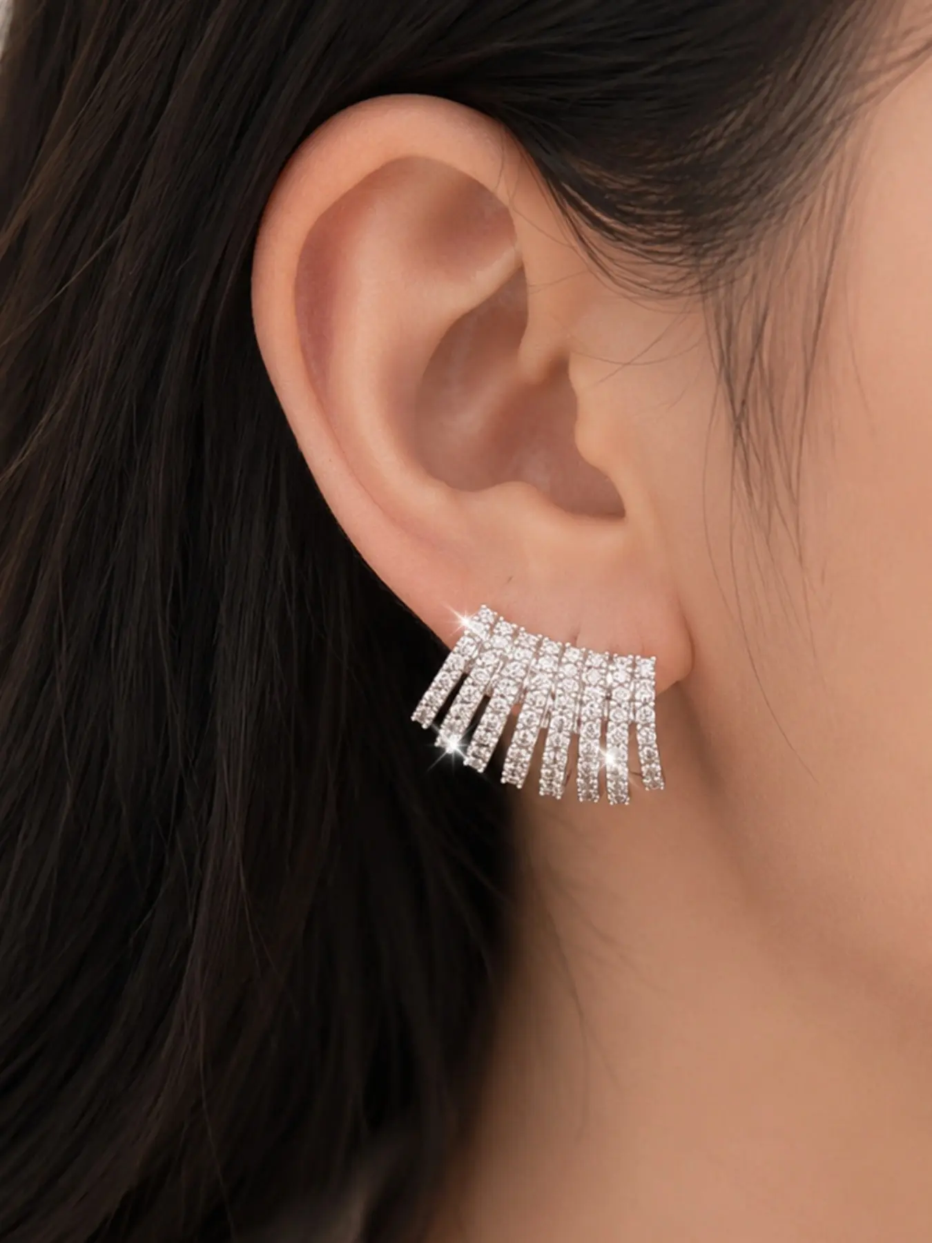 Silver Tone CZ Ear Climber Stud Earrings for Women, Multi Row Fan Shape Statement Earrings, Luxury Wedding Party Jewelry