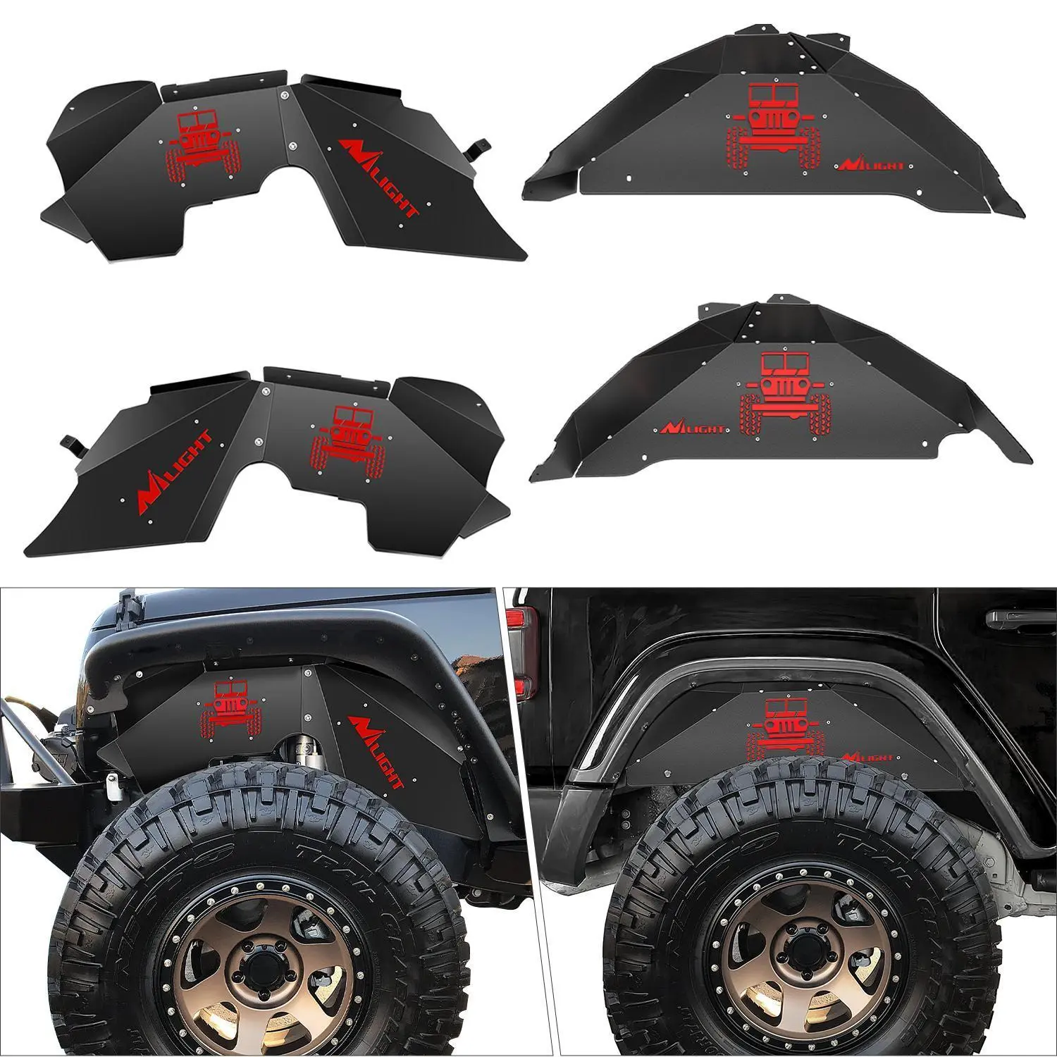 Nilight Automotive Metal Front & Rear Inner Fender Liners Wheel Well Protector for 2007-2018 Wrangler JK JKU 4WD, 4-door/2-door Fit, Bolt-On Easy Installation, Total Protection, Powder Coated, Solid Construction, Car Accessories, Instructions Included, Wh