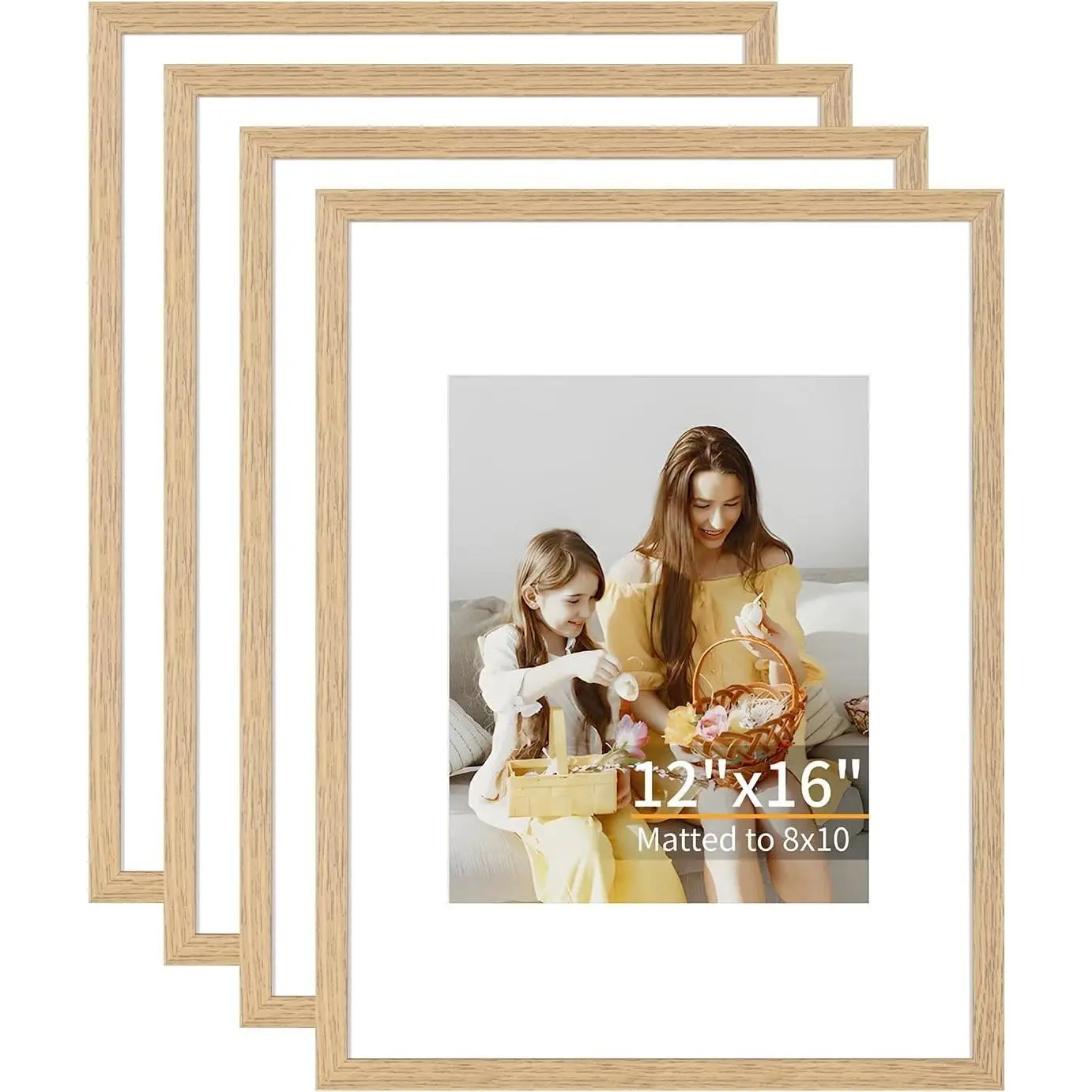 12x16 Picture Frame Set of 4, Displays 8x10 with Mat or 12x16 Without Mat