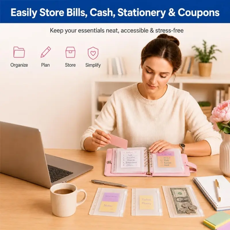 A6 page snap-lock envelope, used for budget management, with 6 holes design, featuring a label, mini pocket folder, loose leaf file bag, for storing items such as coupons and sticky notes.