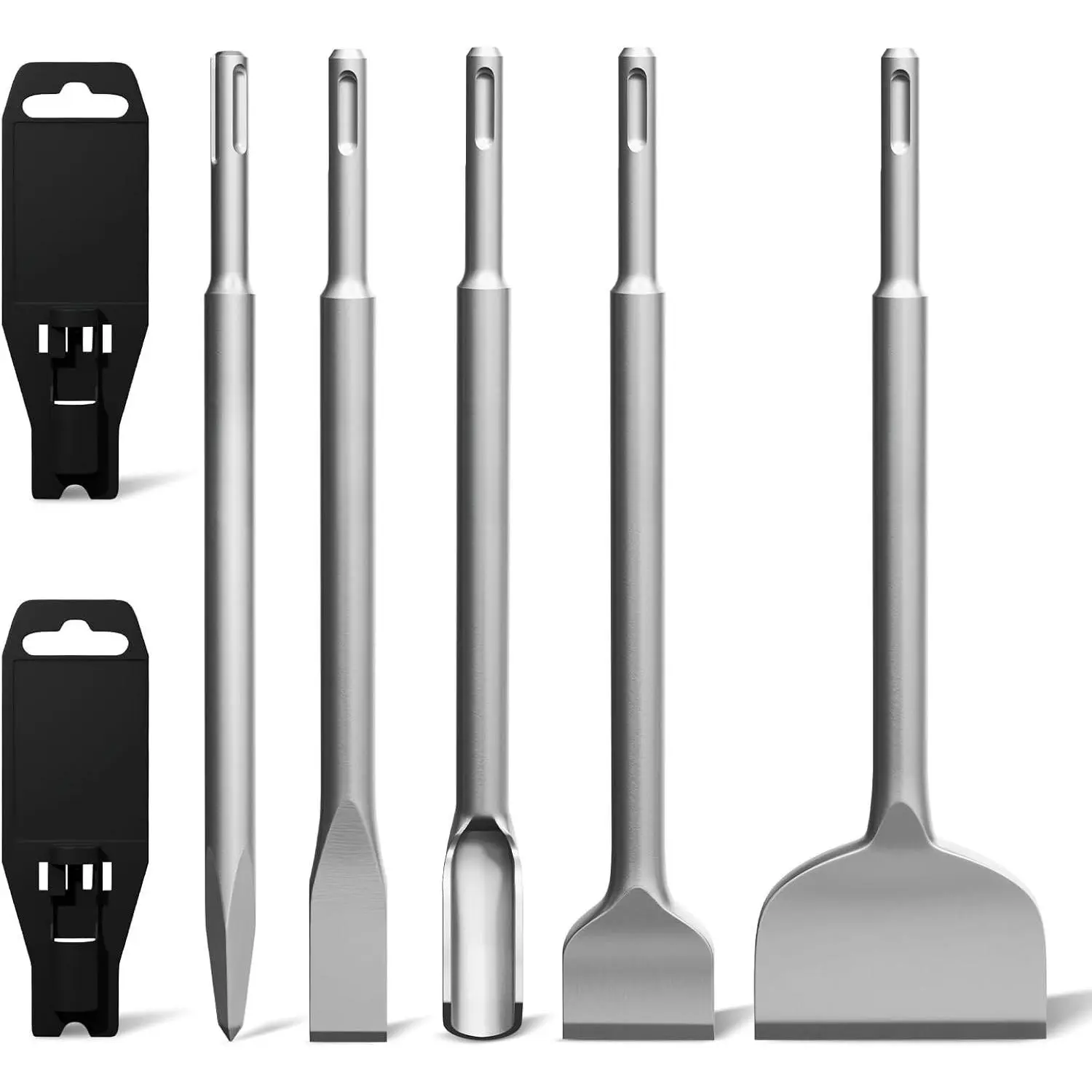 Plus Chisel Set, 5 count Tile Removal & Concrete Hammer Drill Bits 40Cr Alloy Steel Scaling Chisel for Demolition, Chipping, Grooving, Removing Thinset, Mortar, Cement, Vinyl