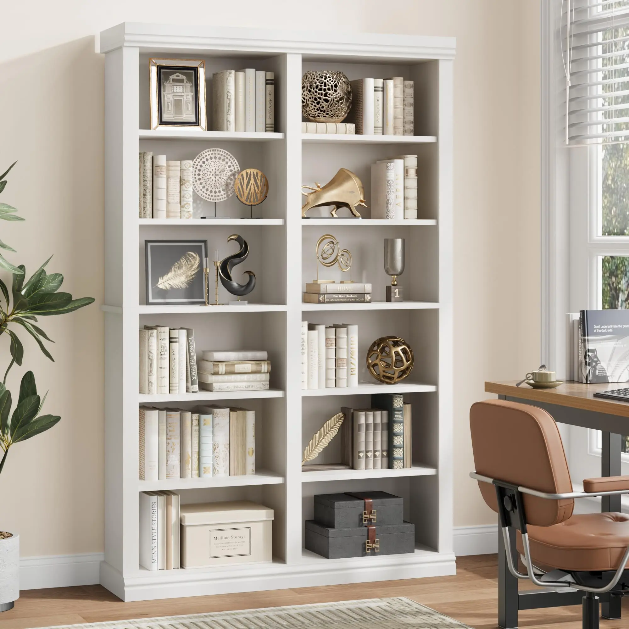 Double Wide Robust Contemporary 6-Tier Freestanding Bookshelf, 12 Open Cubbies, 74.5"H Spacious Storage Unit, 46.1"D x 12.4"W, Quick Set-Up Display Piece for Office & Living Room