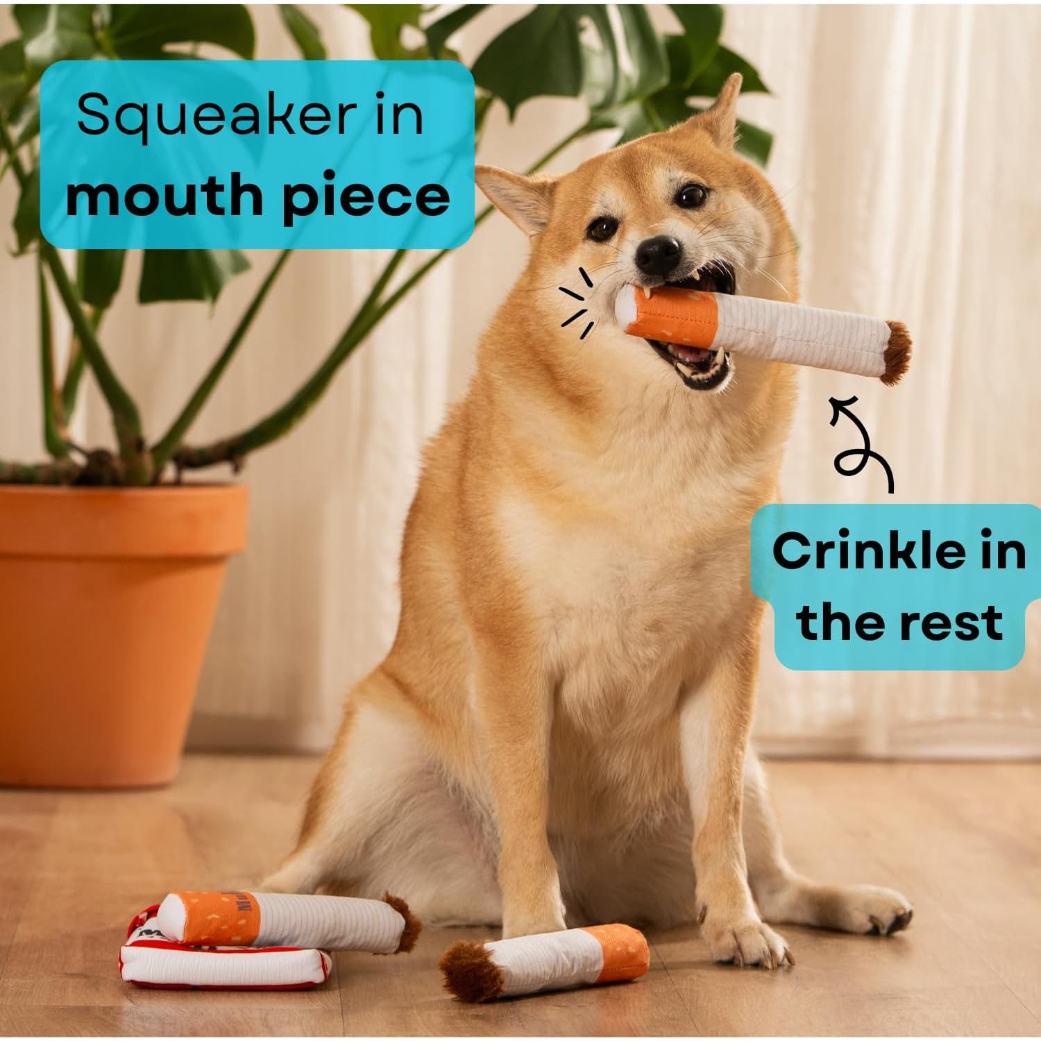 Muttboro Doggy Cigs Funny Toys - Parody Plush Squeaky Crinkle Interactive -  and Seek Hiding Burrow Puzzle for Activity