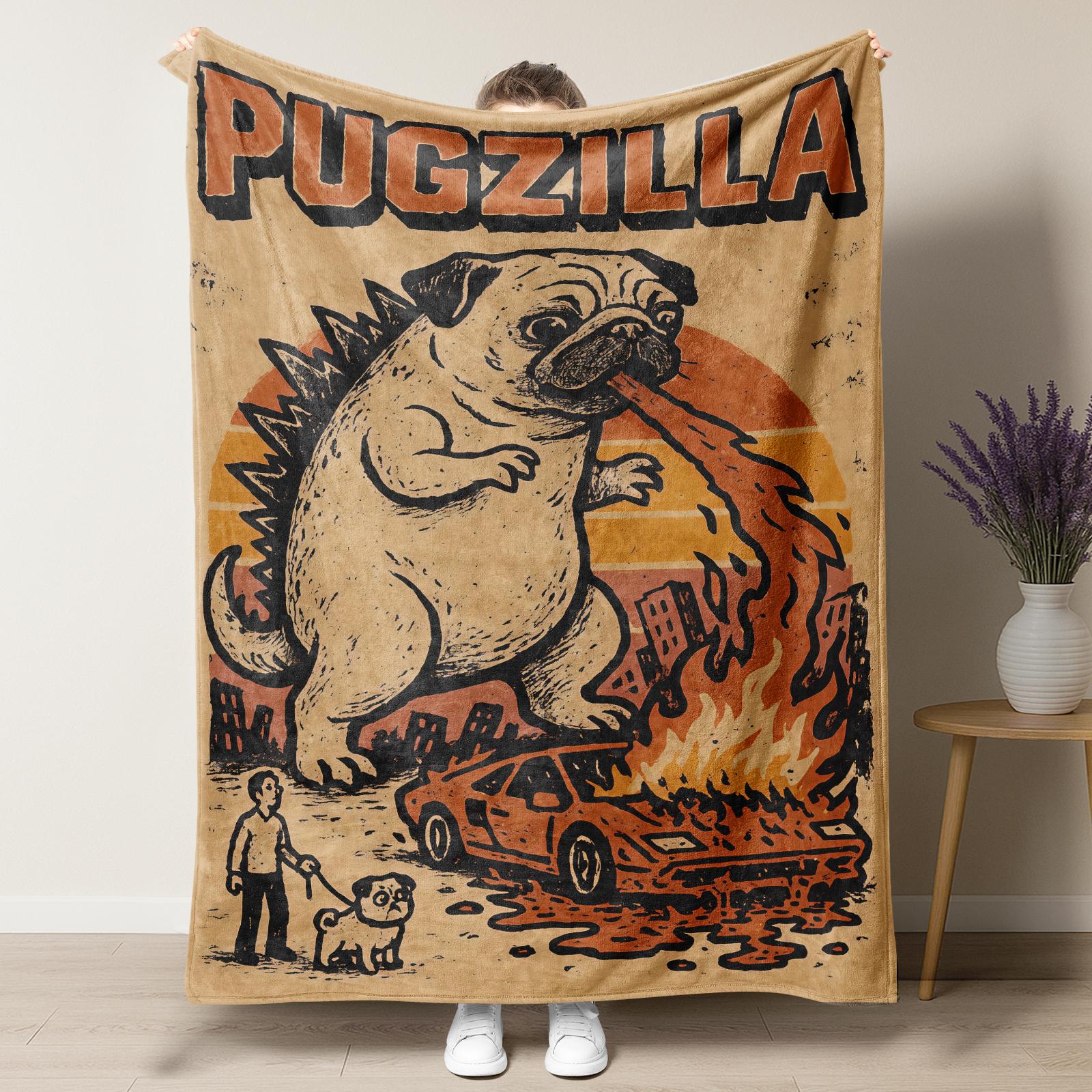 Pugzilla Catzilla "Godzilla" Meme Flannel Blanket,Viral Must-Have Retro Kaiju Monster Pug Throw Blanket,Super Soft Cozy Blanket for Pug Lovers,Trendy Retro Movie Themed Home Decor