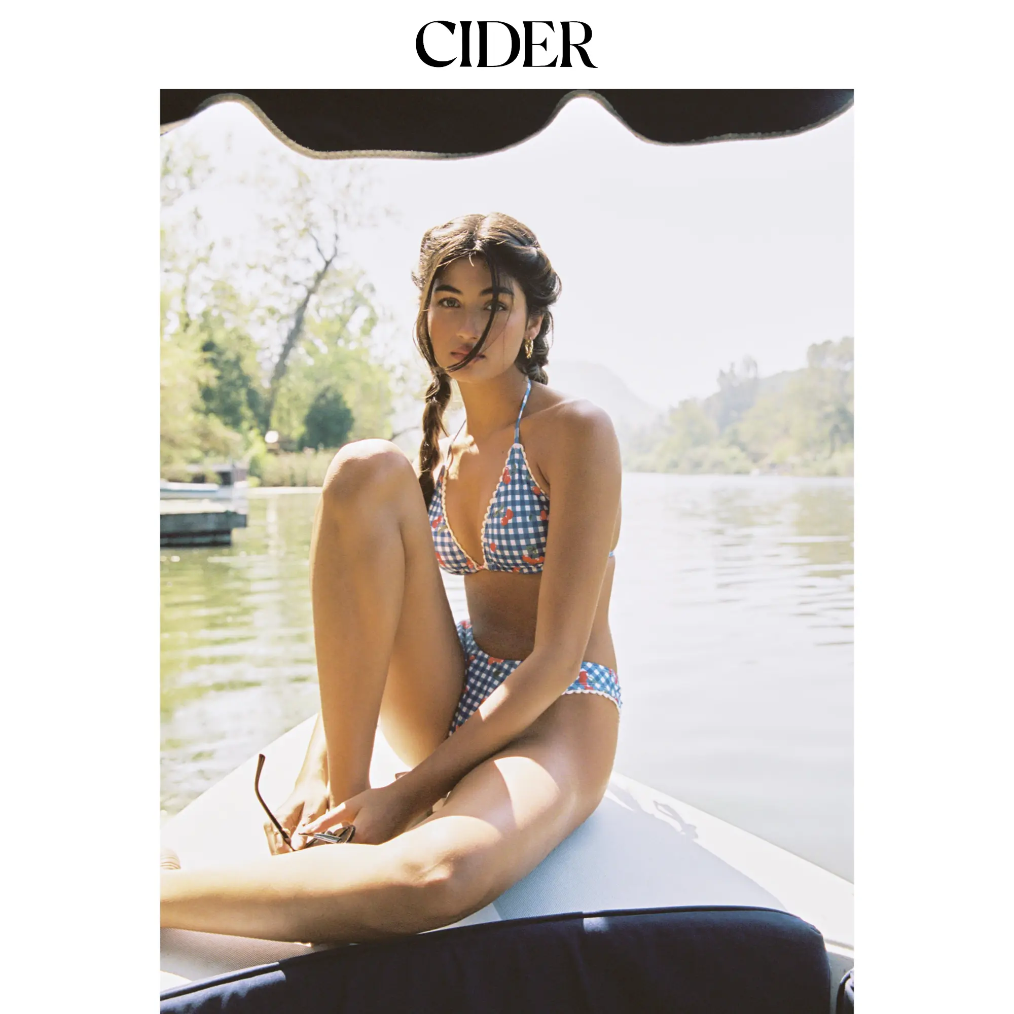 Cider [size 2-10] V-neck Contrasting Binding Halter Cheeky Bikini Swimsuit, Check Cherry Graphic Summer Vacation Bikini Set, Venus Summer Bikini Set