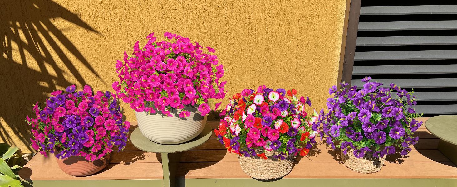 10 Bundles Artificial Fake Flowers Plants for Outdoors, Faux Petunias Silk Flower UV Resistant No Fade for Front Porch Patio Home Garden Blcony Yard Outdoor Spring Summer Decor