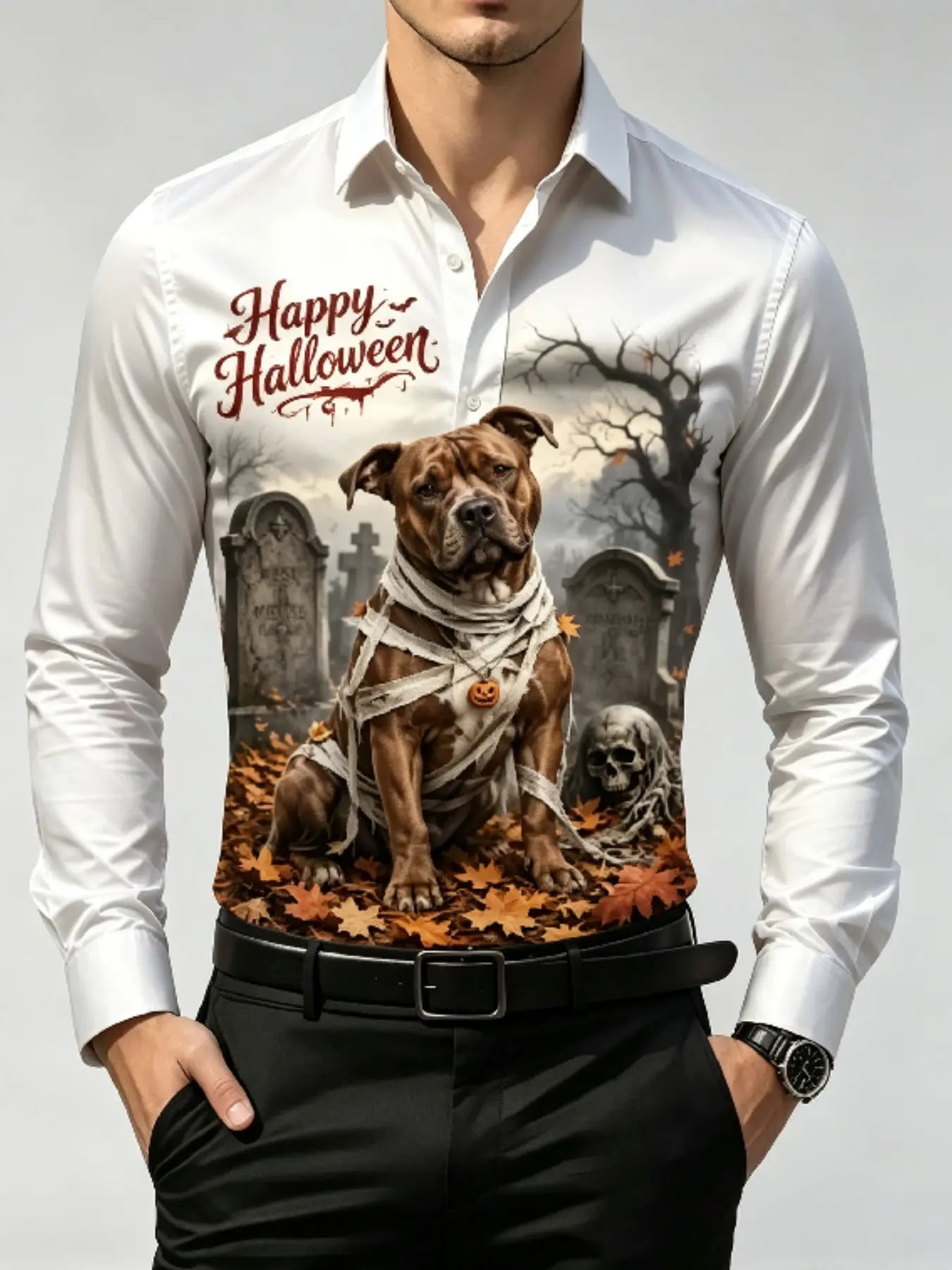 Men's Lapel Long Sleeve Button Down Shirt Sublimation Fabric Happy Halloween Mummy Pitbull Tombstone Skull Fall Maple Leaf Print Slim Fit Spooky Graveyard Theme Party Casual Shirt