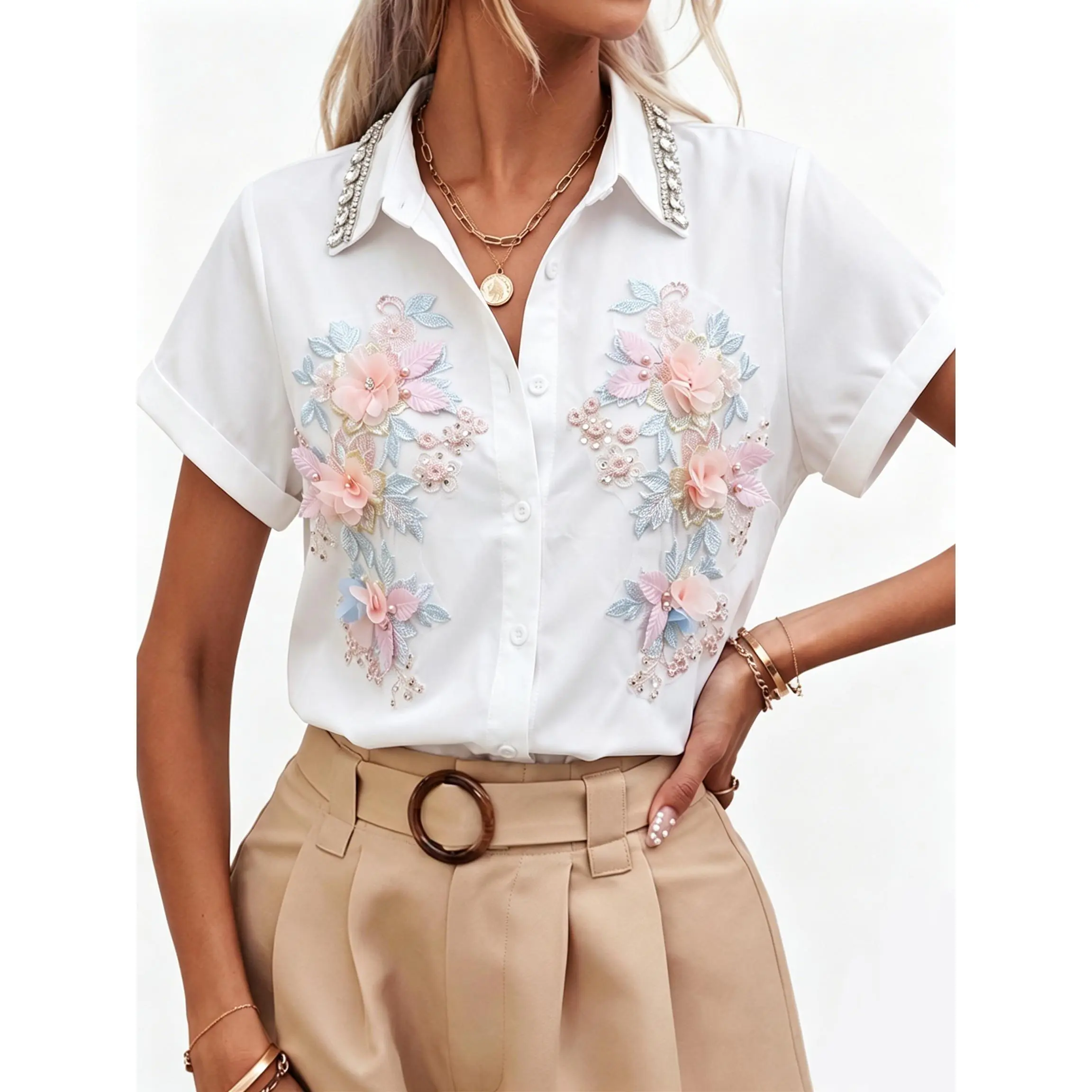 ASANDY Lady's Elegant Cherry and Flower Embroidered Blouse, Rhinestone Collared Cotton Shortsleeve Button Down Top for All Seasons Office Wear, Clothes, Cherry And Flower Embellished Blouses & Shirts, Casual, Loose-Fit, Office Siren, Wardrobe Staples